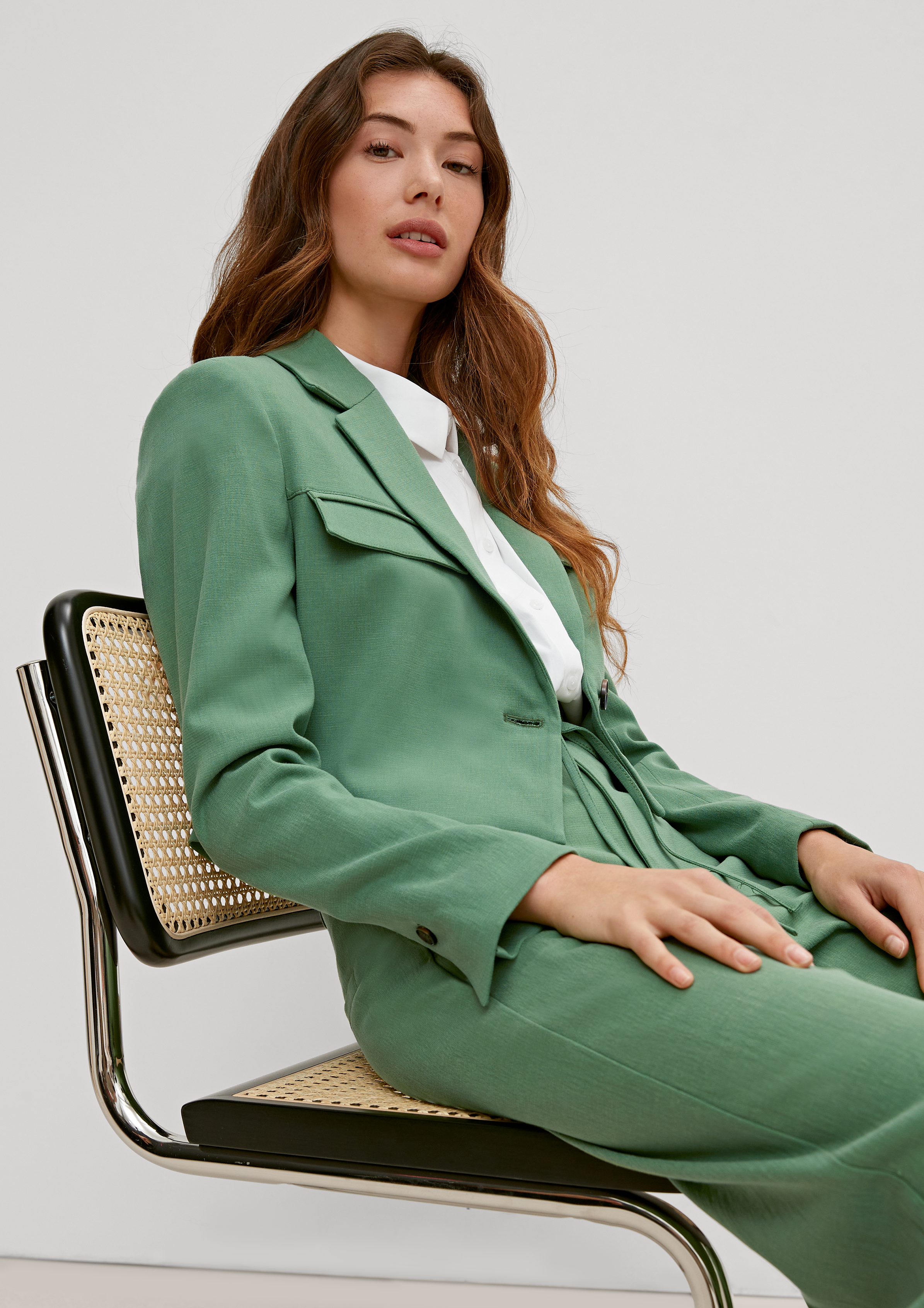 Cropped blazer with mock flap pockets - bamboo green