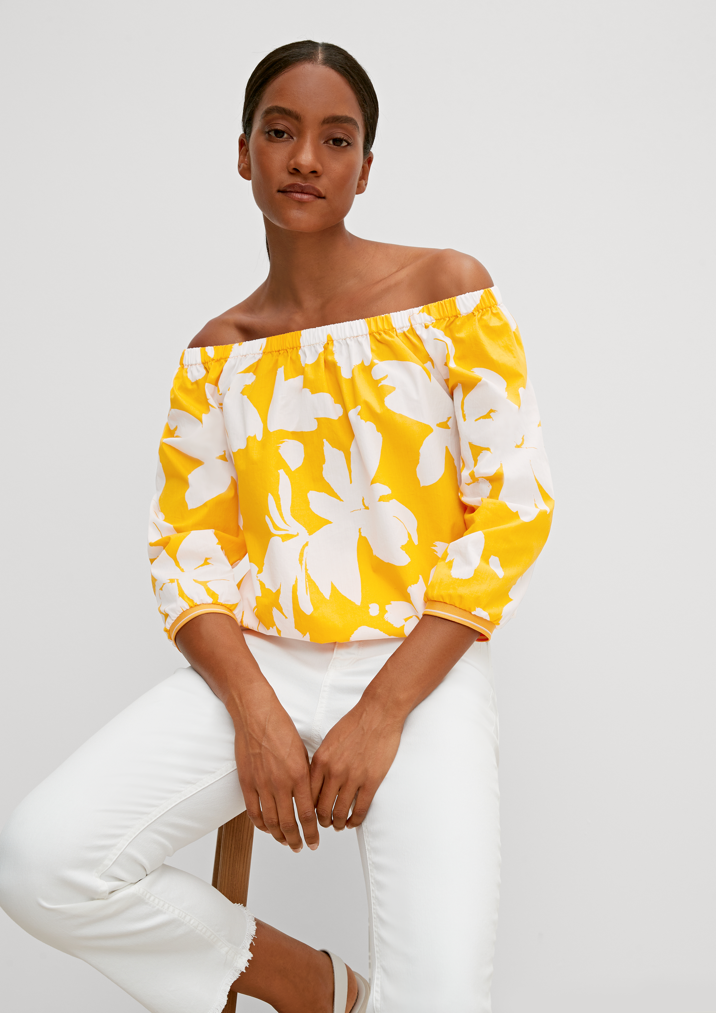 Yellow and white store off the shoulder top