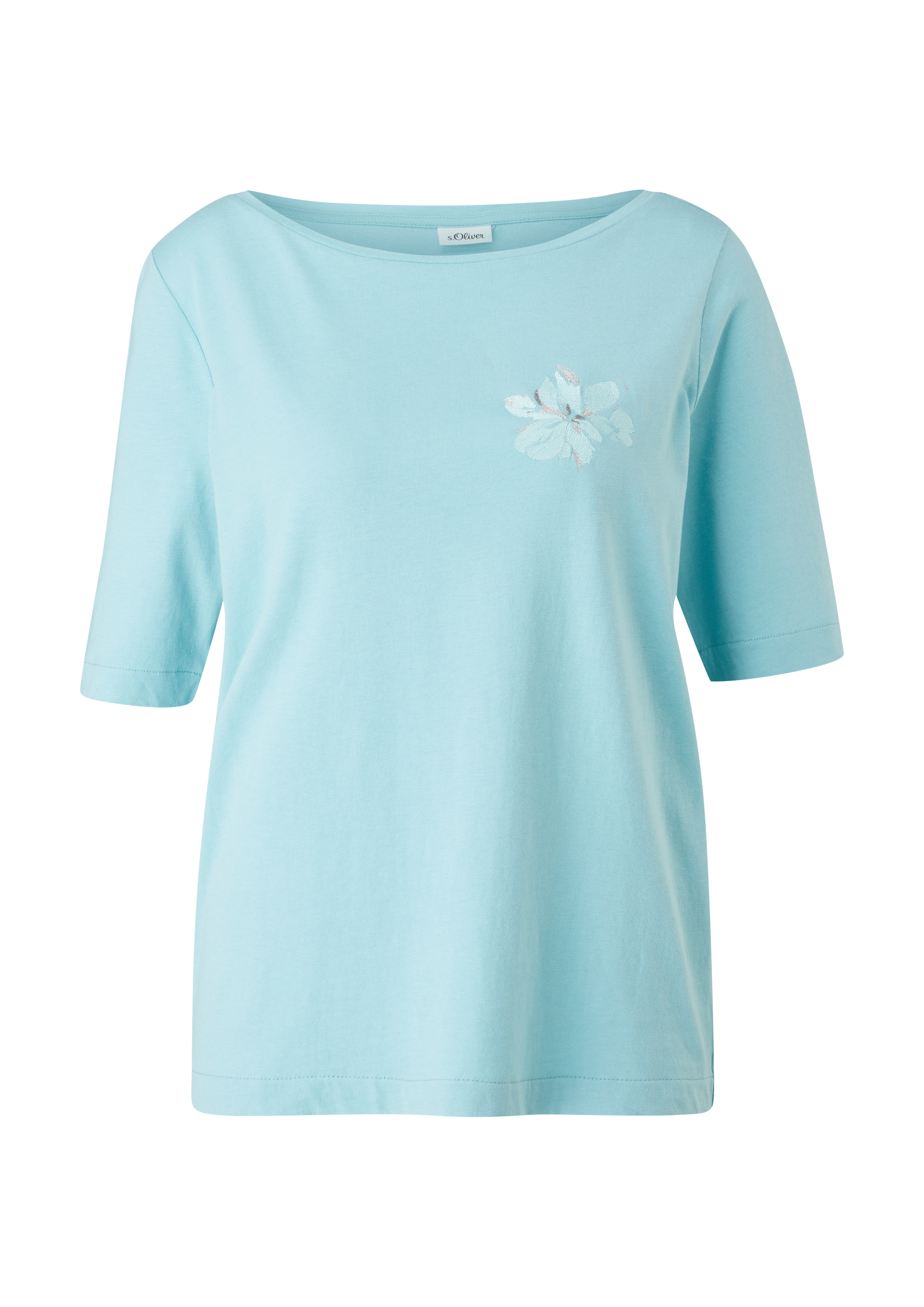 s.Oliver - T-Shirt mit floraler Stickerei, Damen, türkis