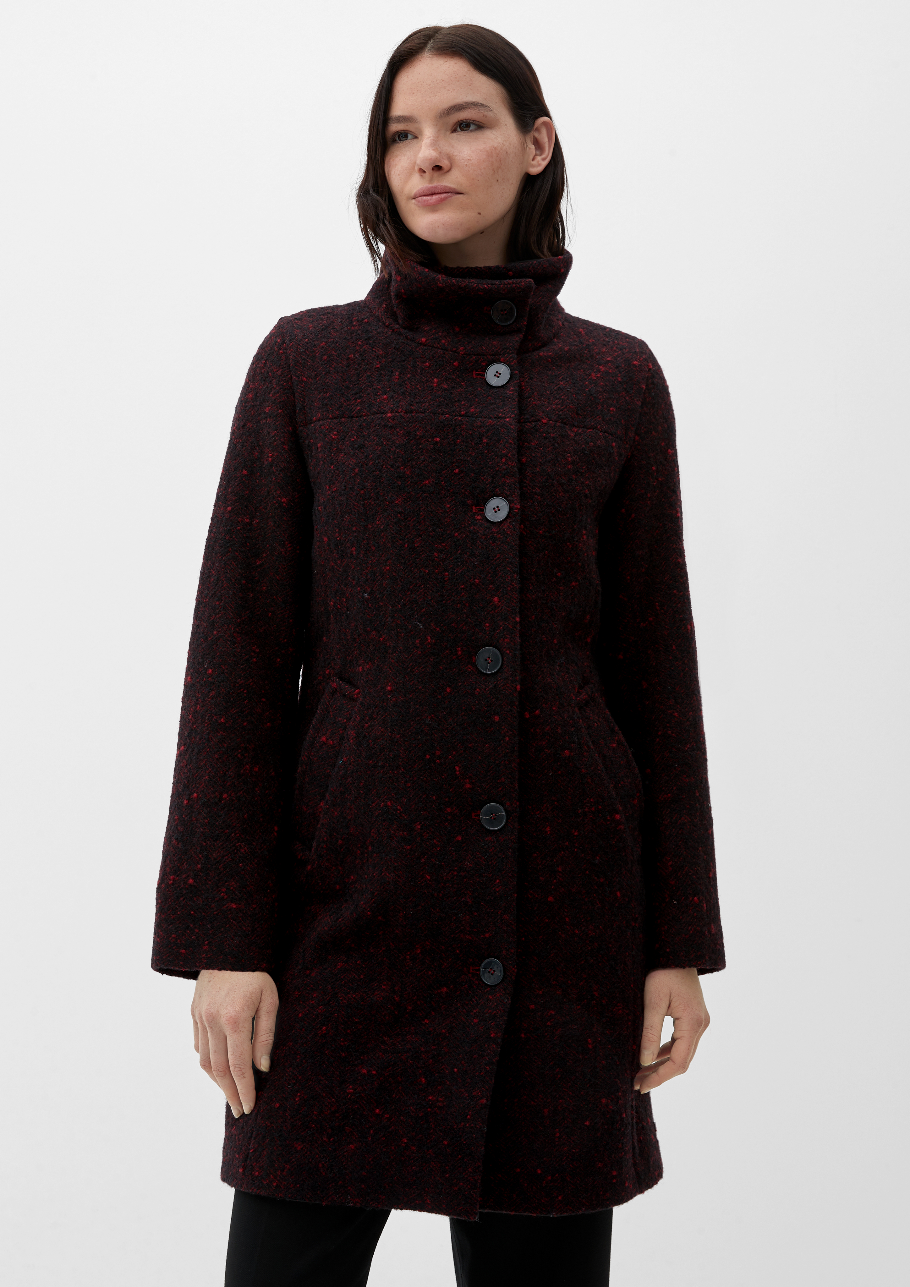 Classic Herringbone Wool Coat with Mock Neckline