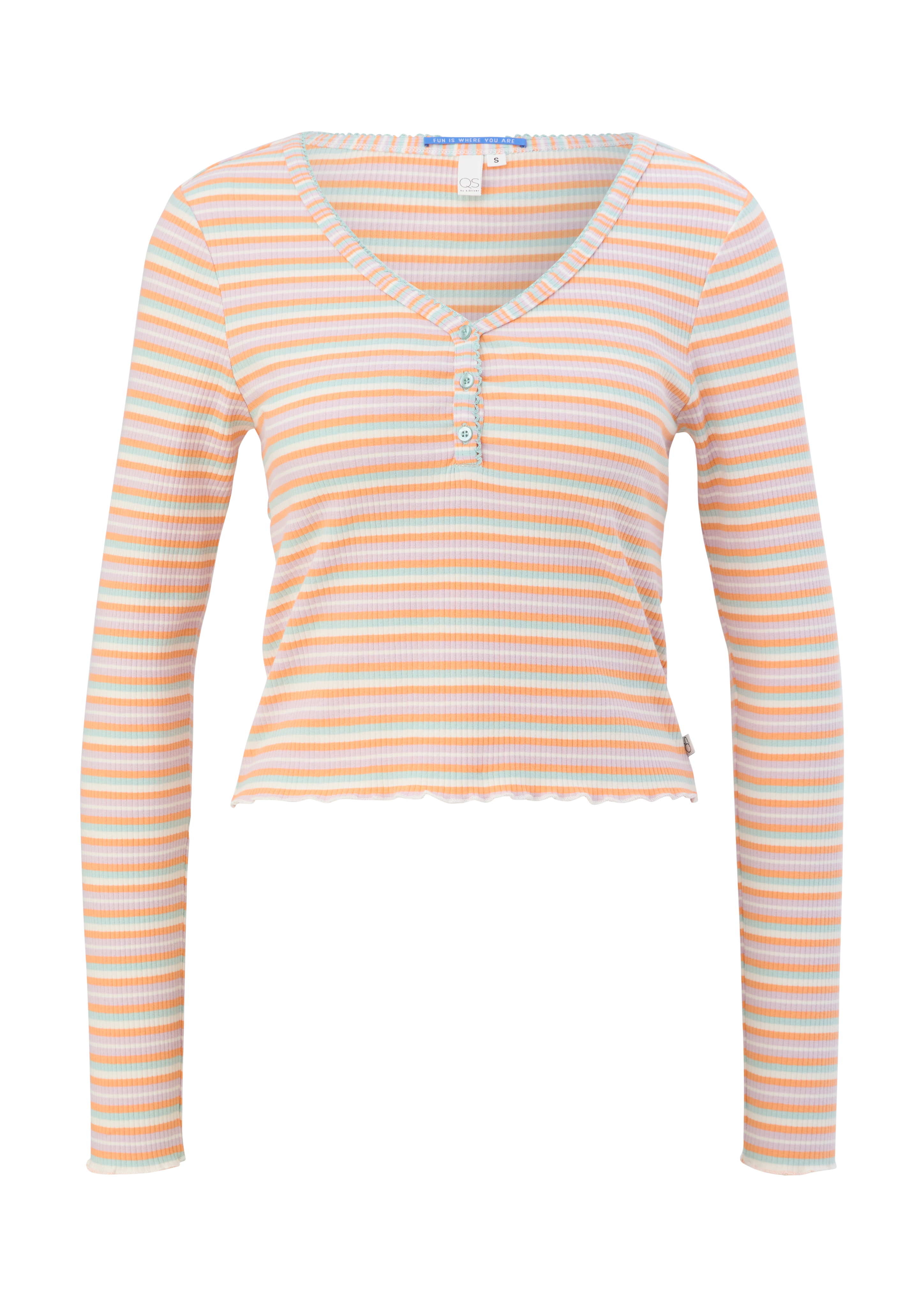 QS - Langarmshirt mit Rippstruktur, Damen, orange|weiß|mehrfarbig