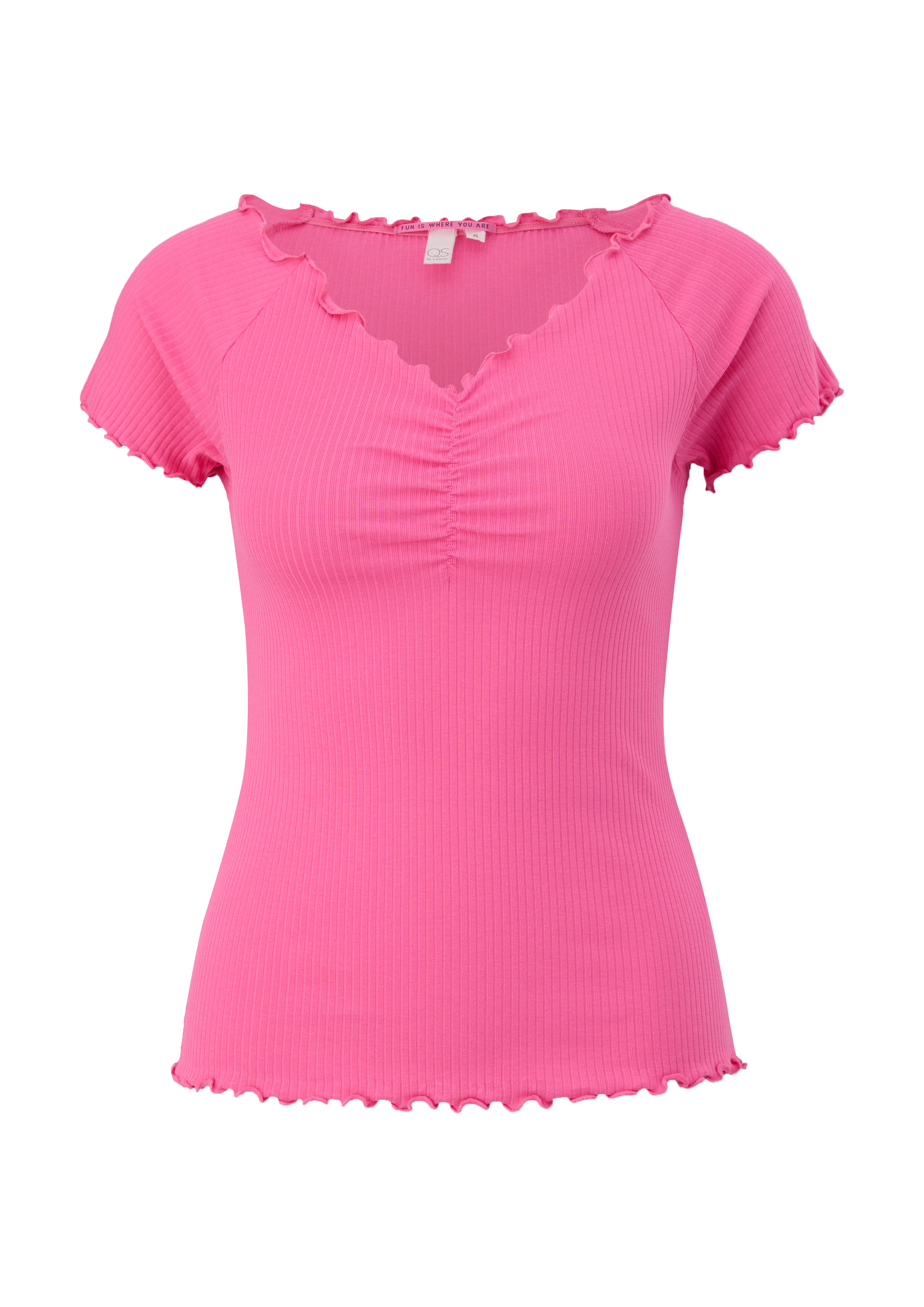 QS - T-Shirt in Rippstruktur, Damen, Rosa