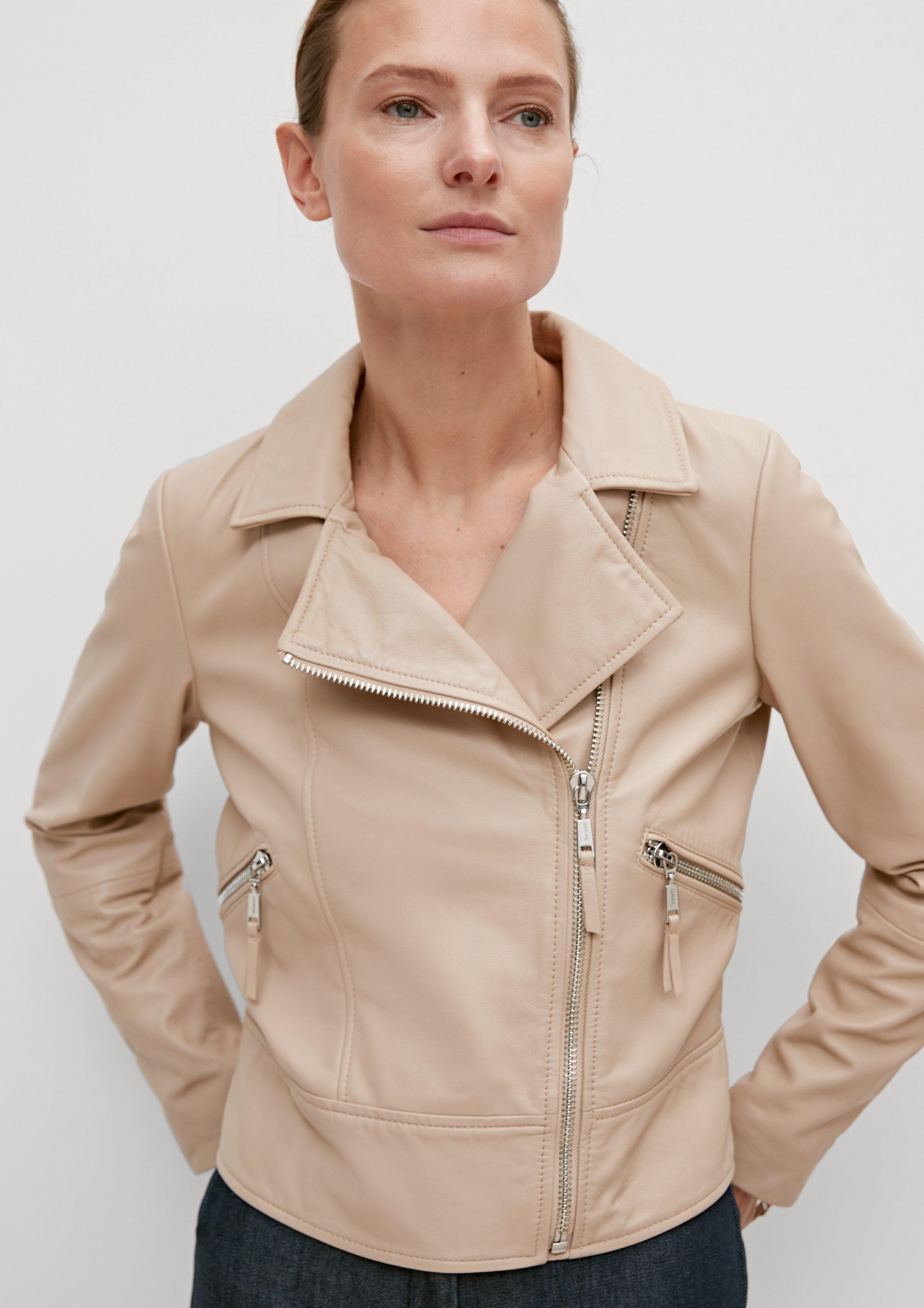 Leather jacket with zip details - beige