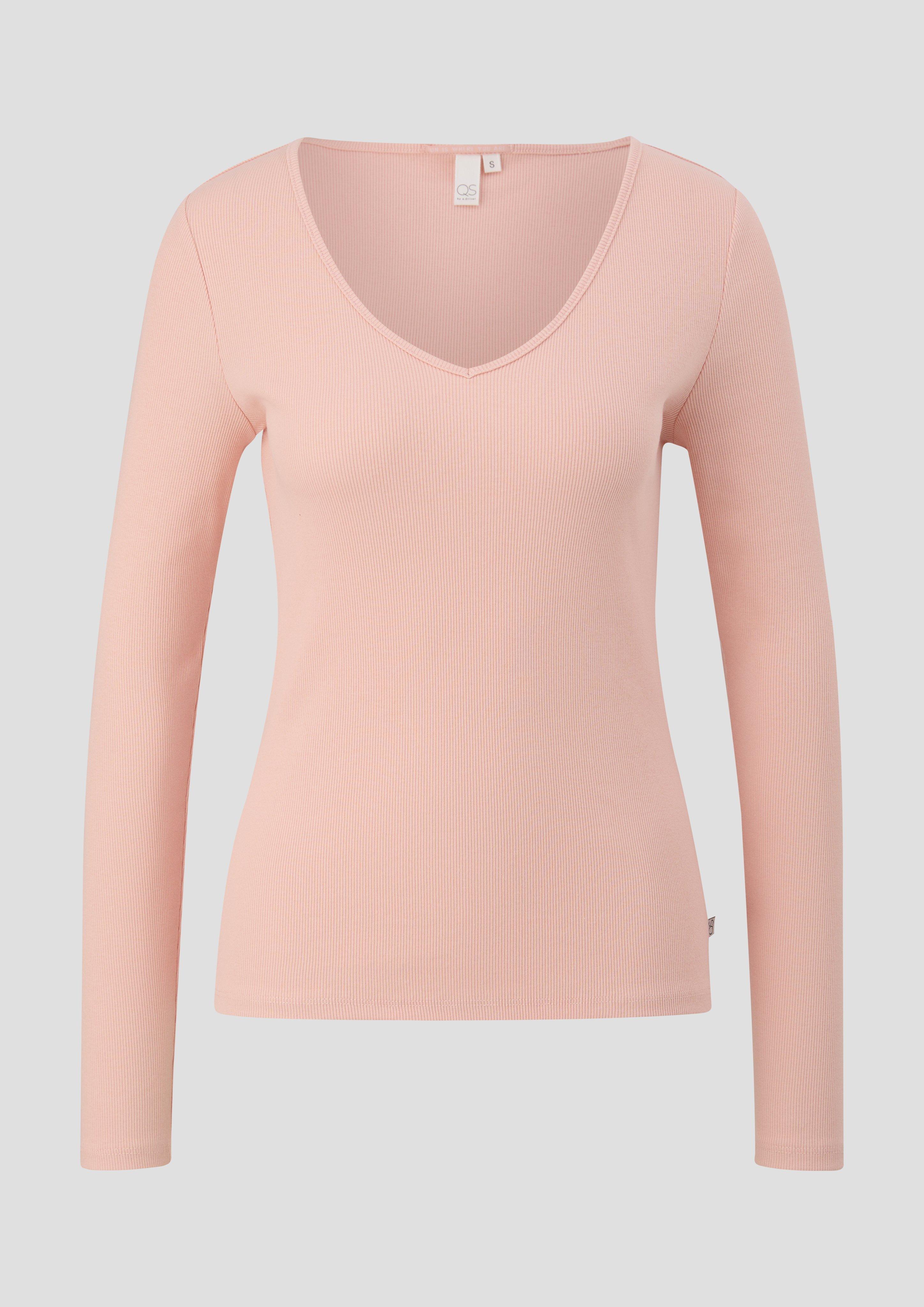 QS - Geripptes Longsleeve aus Baumwollstretch, Damen, Rosa