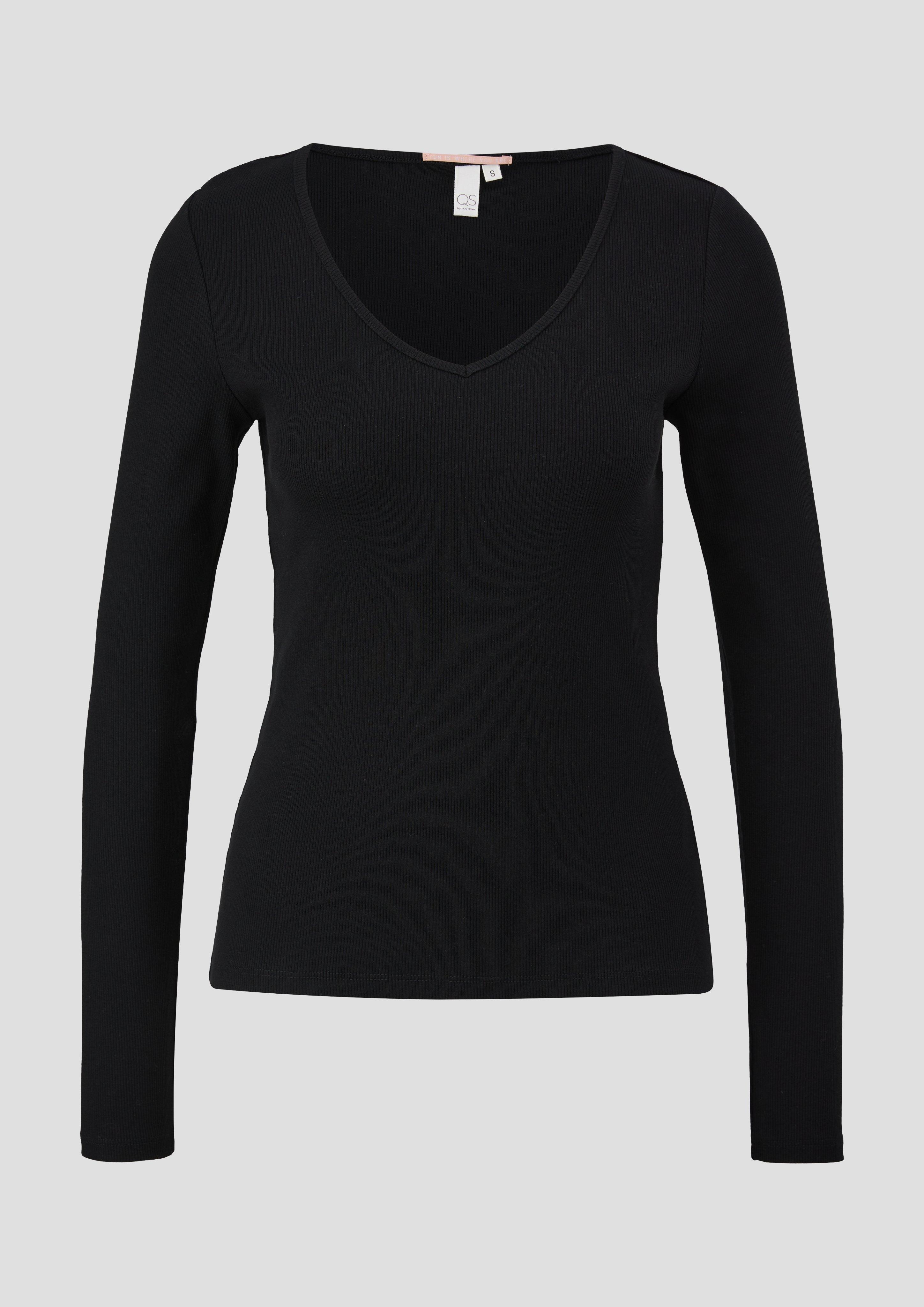 QS - Geripptes Longsleeve aus Baumwollstretch, Damen, schwarz