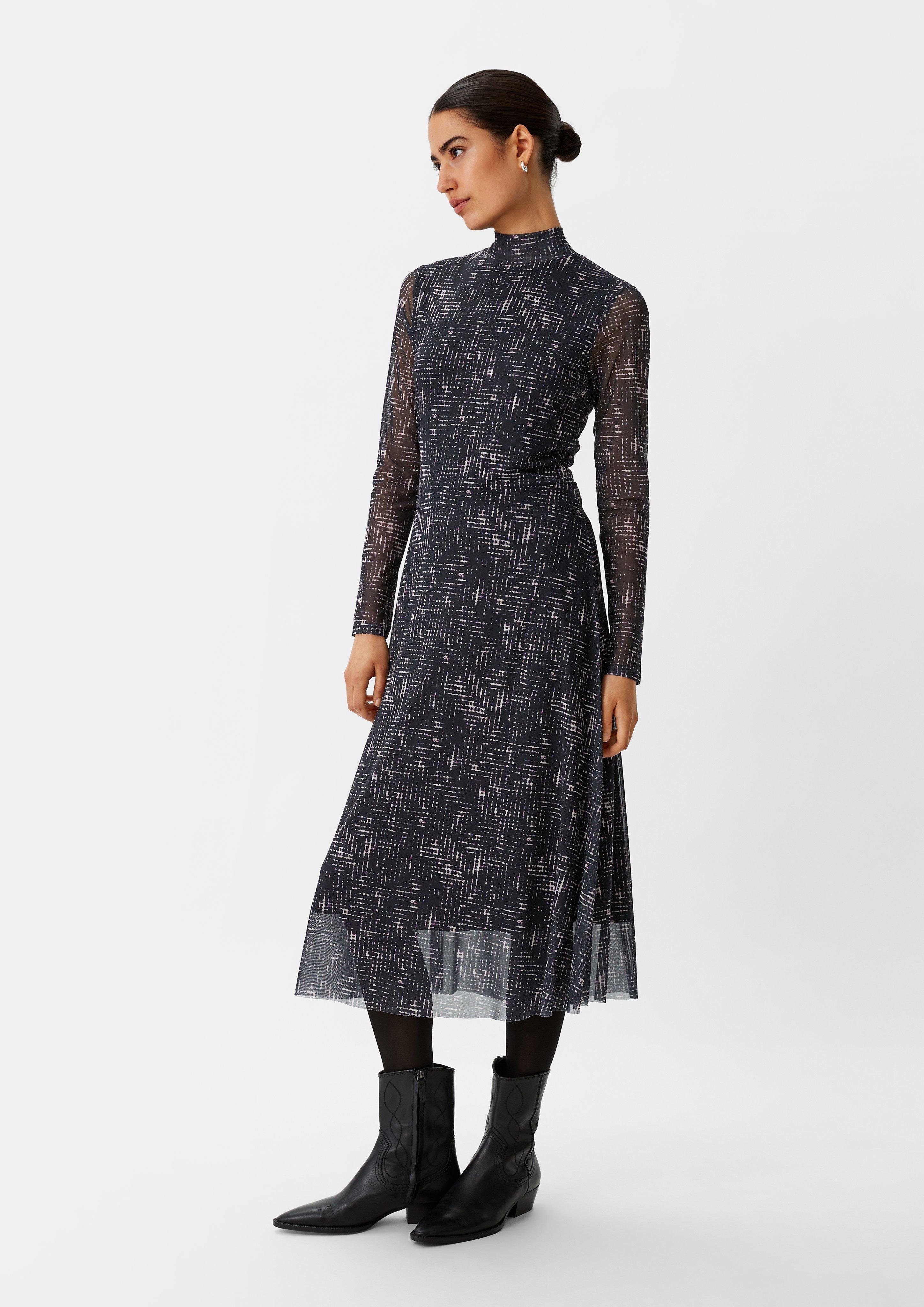 Patterned mesh dress with a stand-up collar - black | Comma