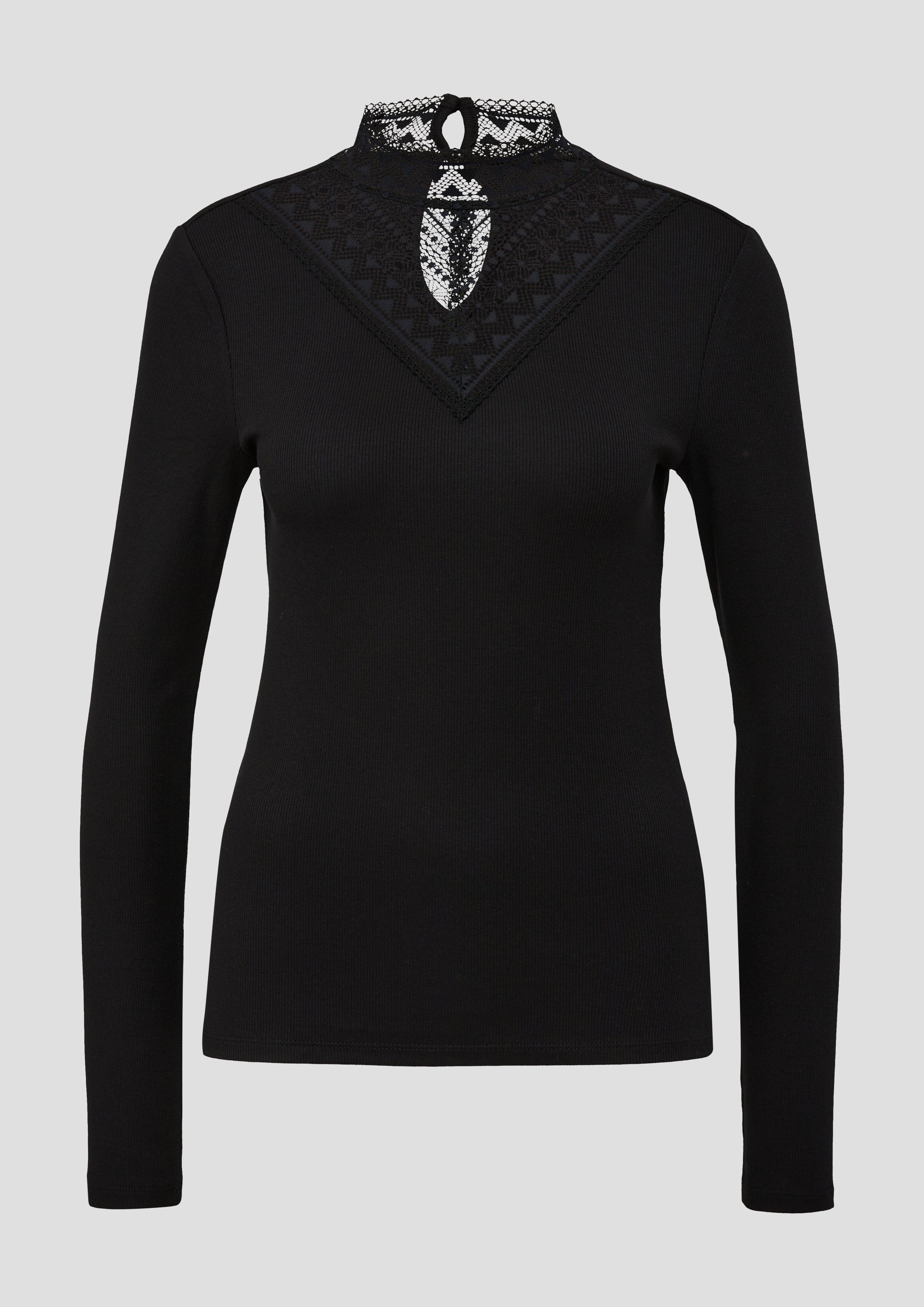 QS - Geripptes Longsleeve mit Spitzen-Insert, Damen, schwarz