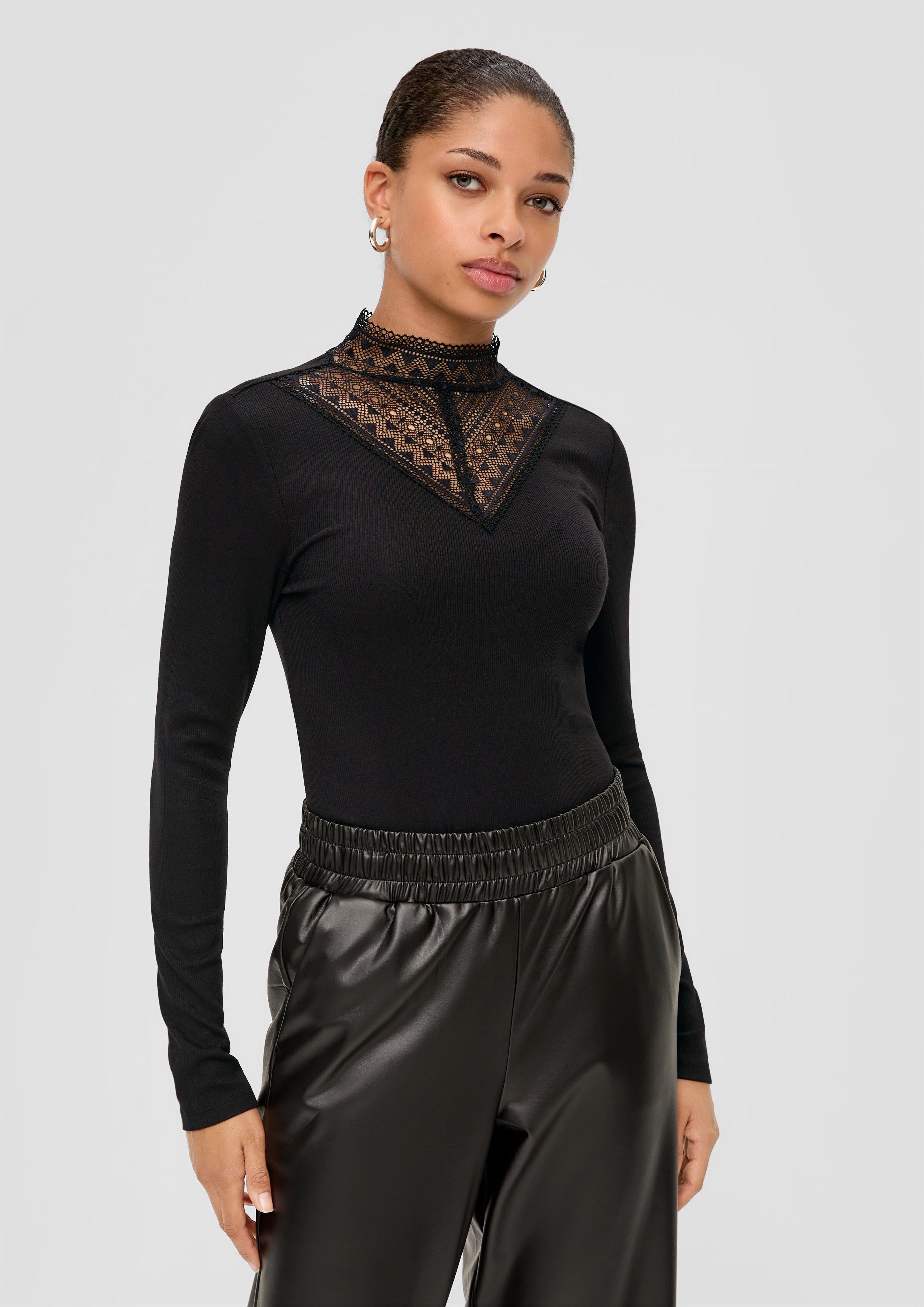 Ribbed long sleeve top with a lace insert - black