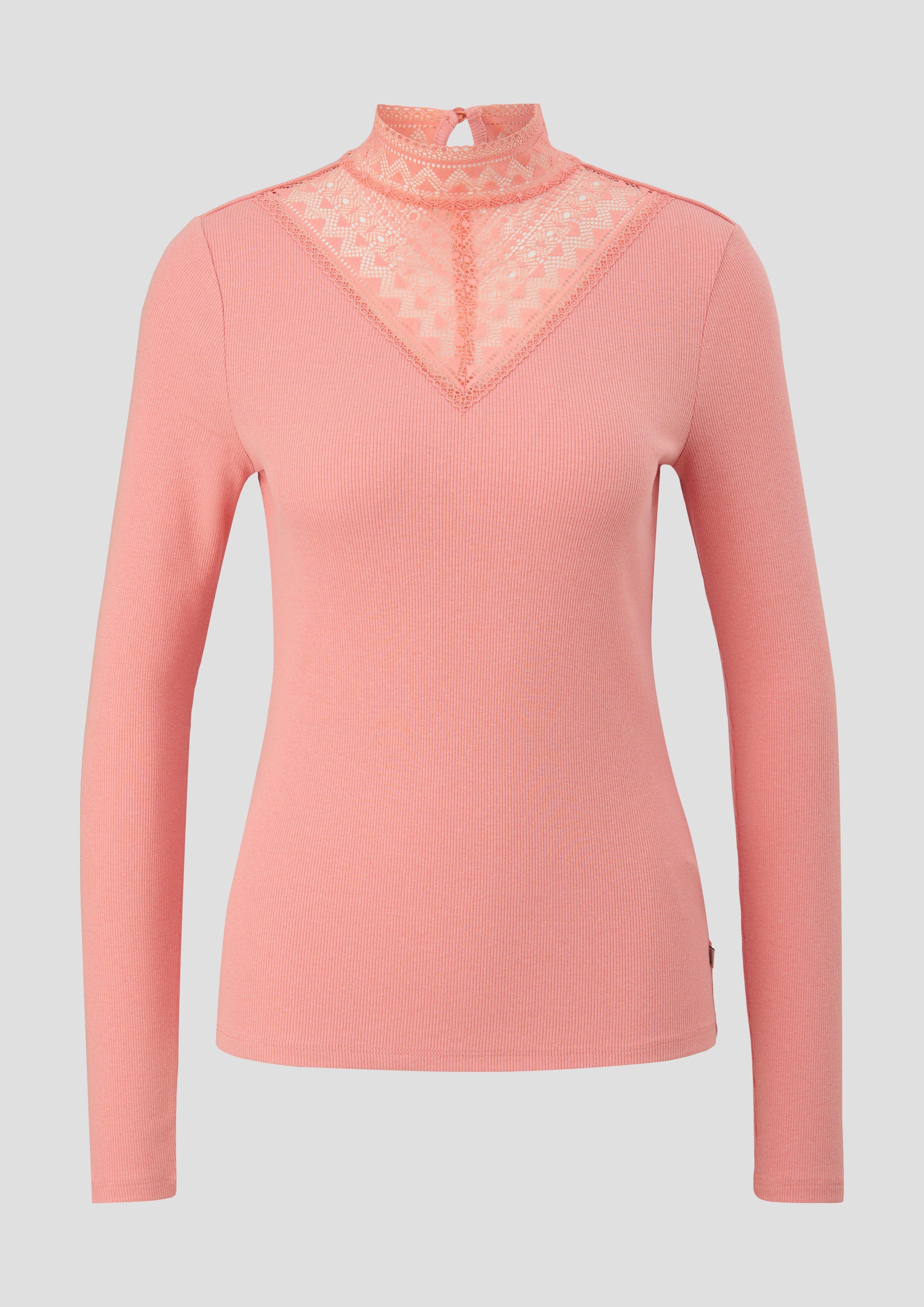 QS - Langarmshirt mit Spitzen-Detail, Damen, Rosa