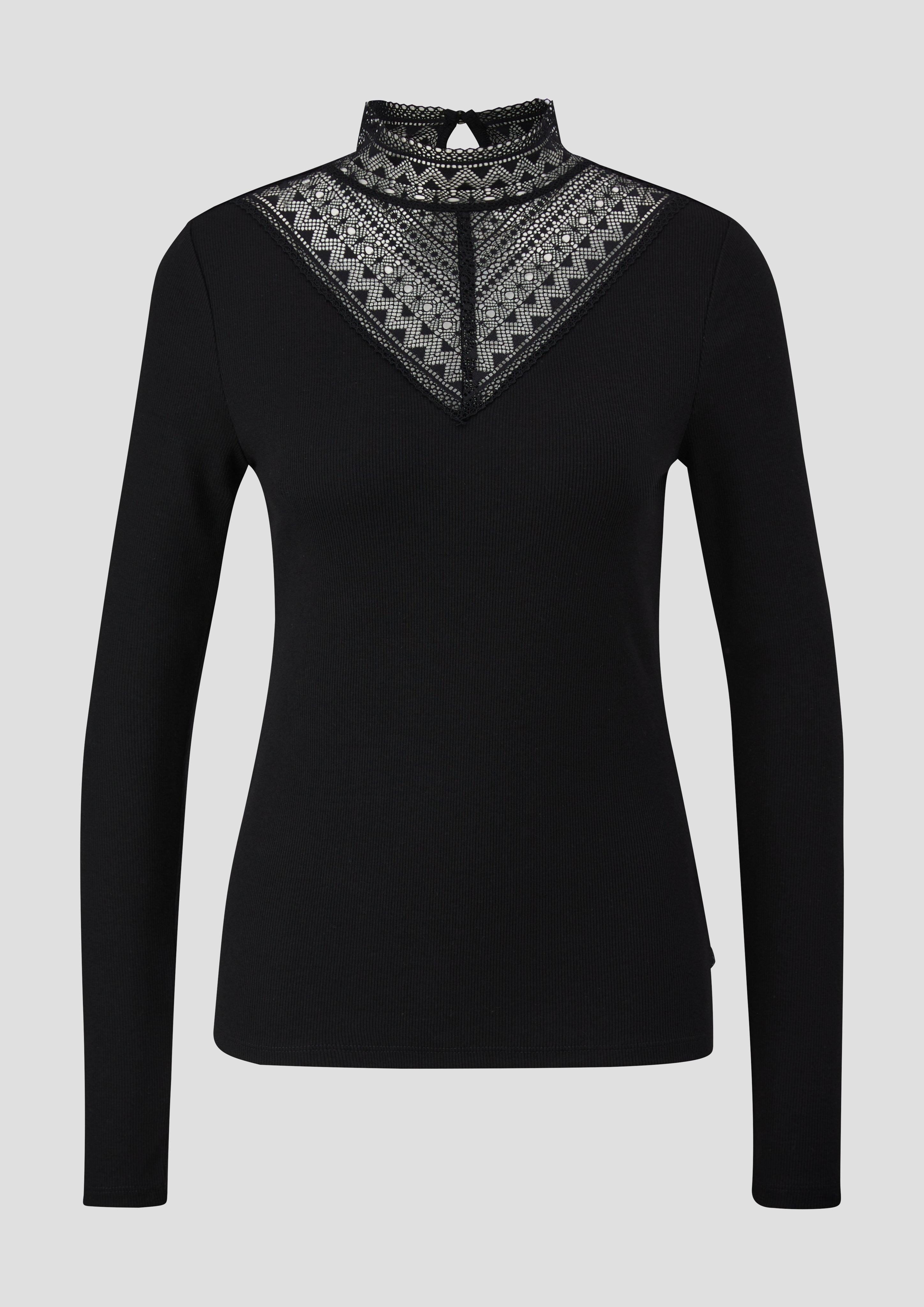 QS - Langarmshirt mit Spitzen-Detail, Damen, schwarz