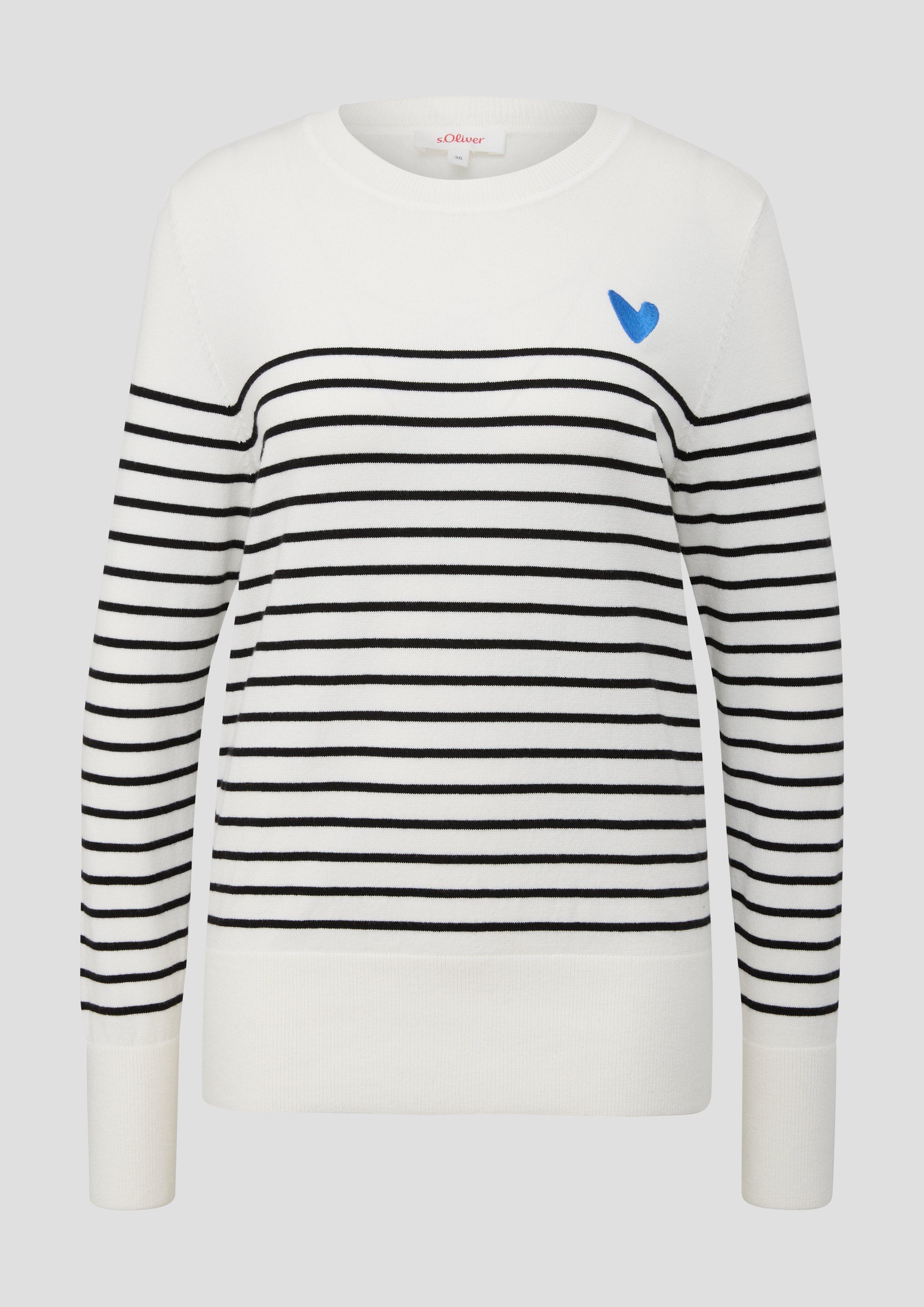 s.Oliver - Ringelpullover mit kleiner Stickerei, Damen, schwarz|weiß