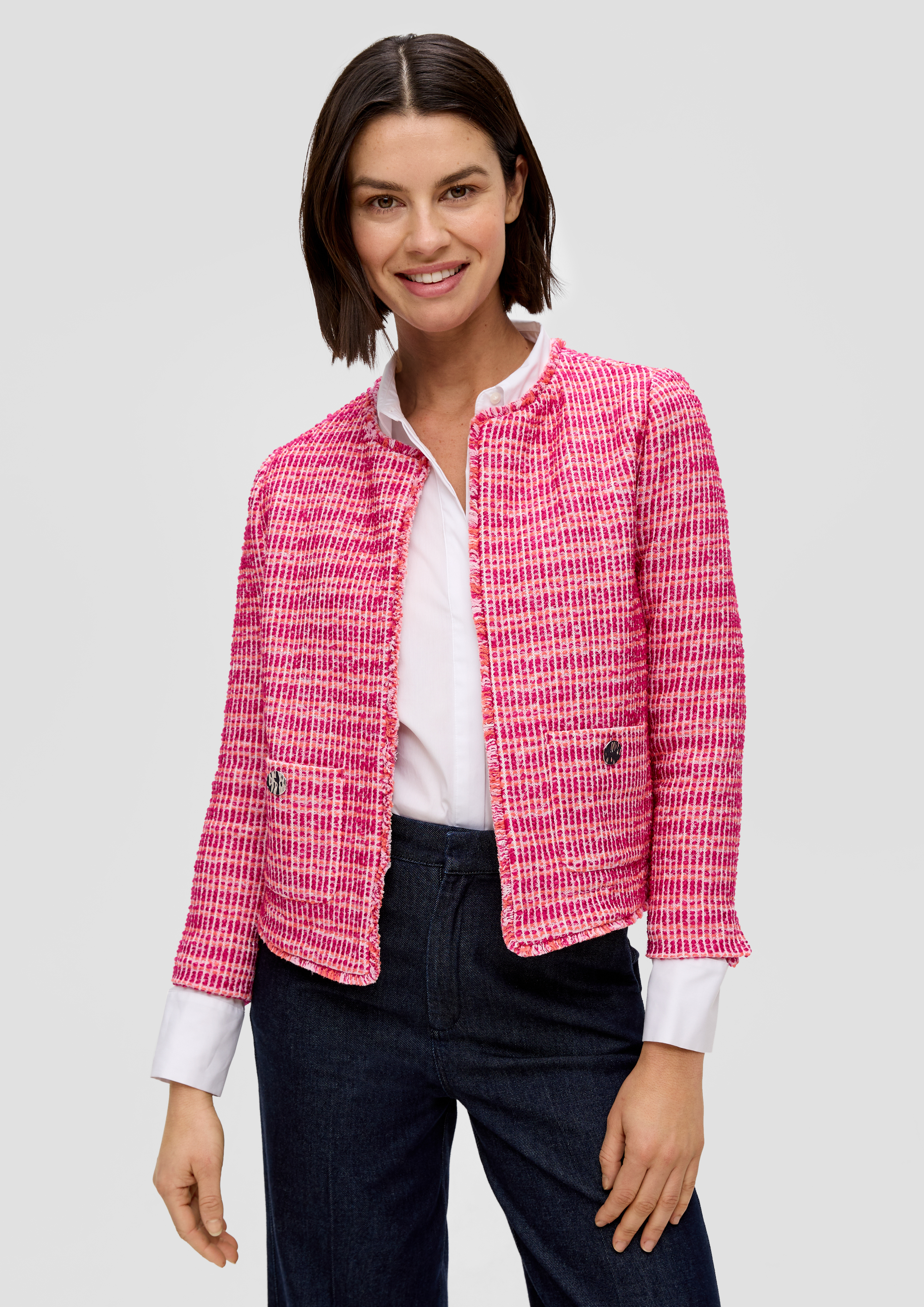 S.Oliver Verkürzte Tweed-Jacke mit ausgefranstem Saum