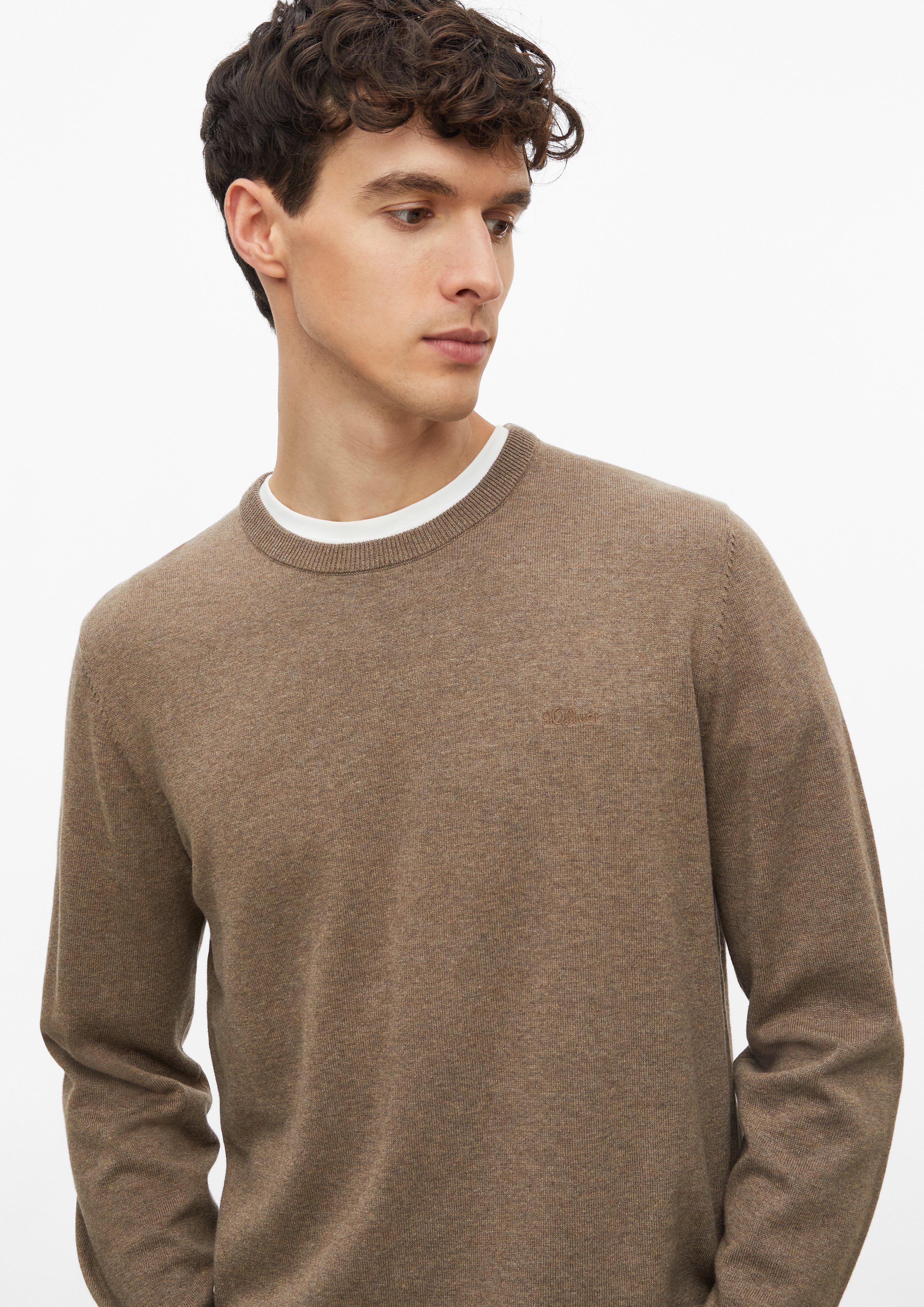 Men Cotton Sweater with Embroidered Logo in brown by s.Oliver