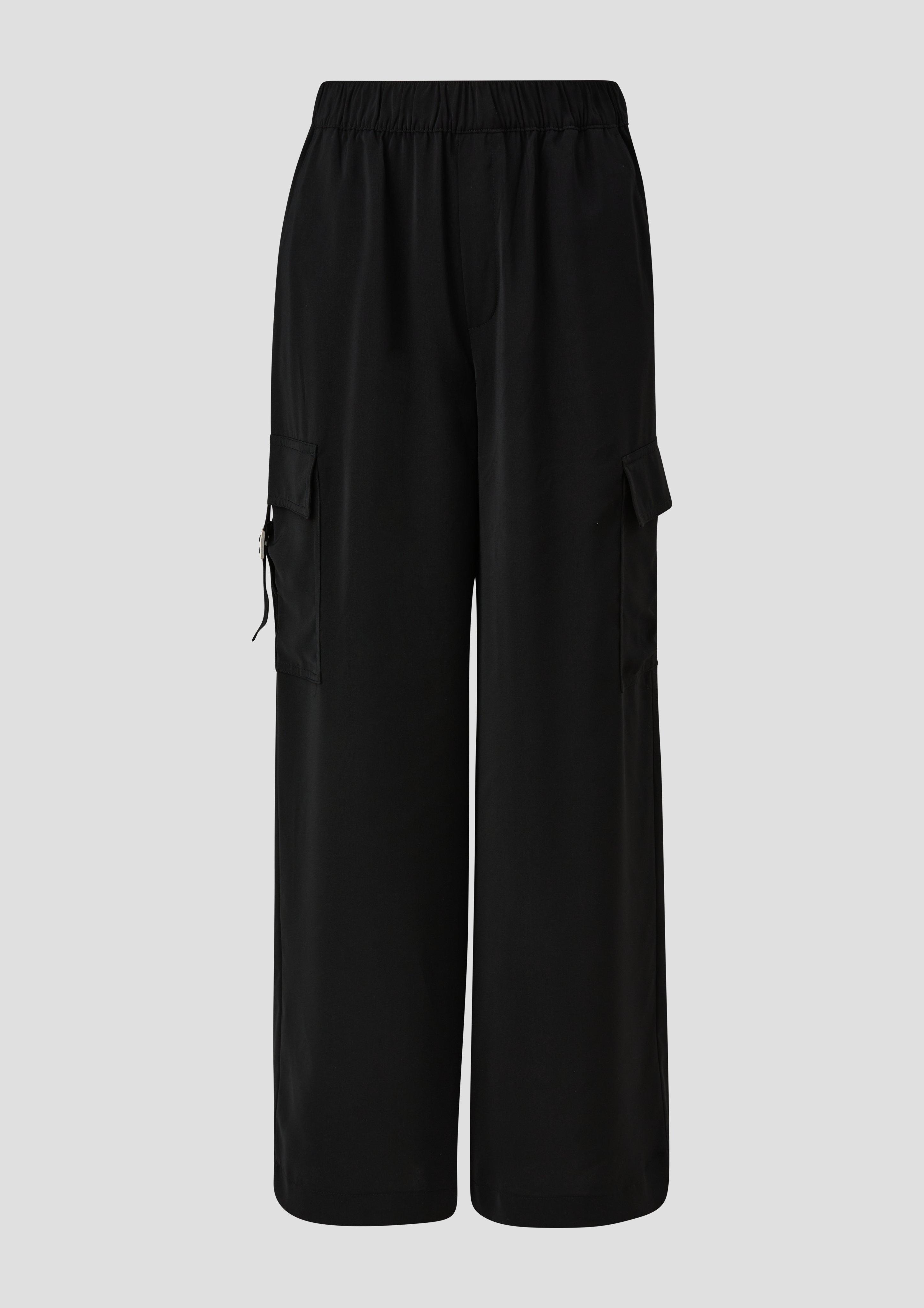 QS - Satinhose mit Wide Leg und Cargotaschen, Damen, schwarz