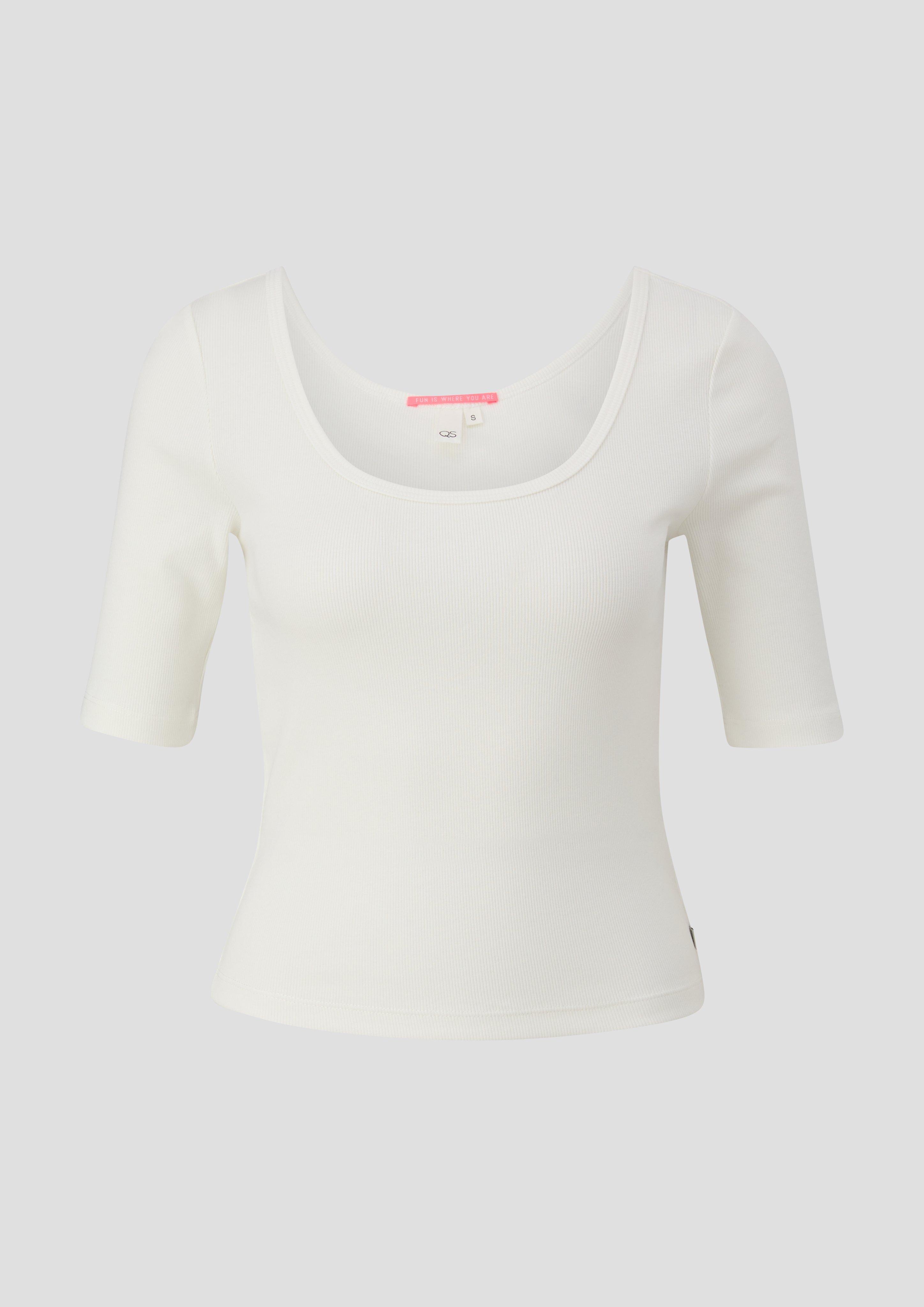 QS - Rippshirt mit tiefem Rundhalsausschnitt, Damen, creme