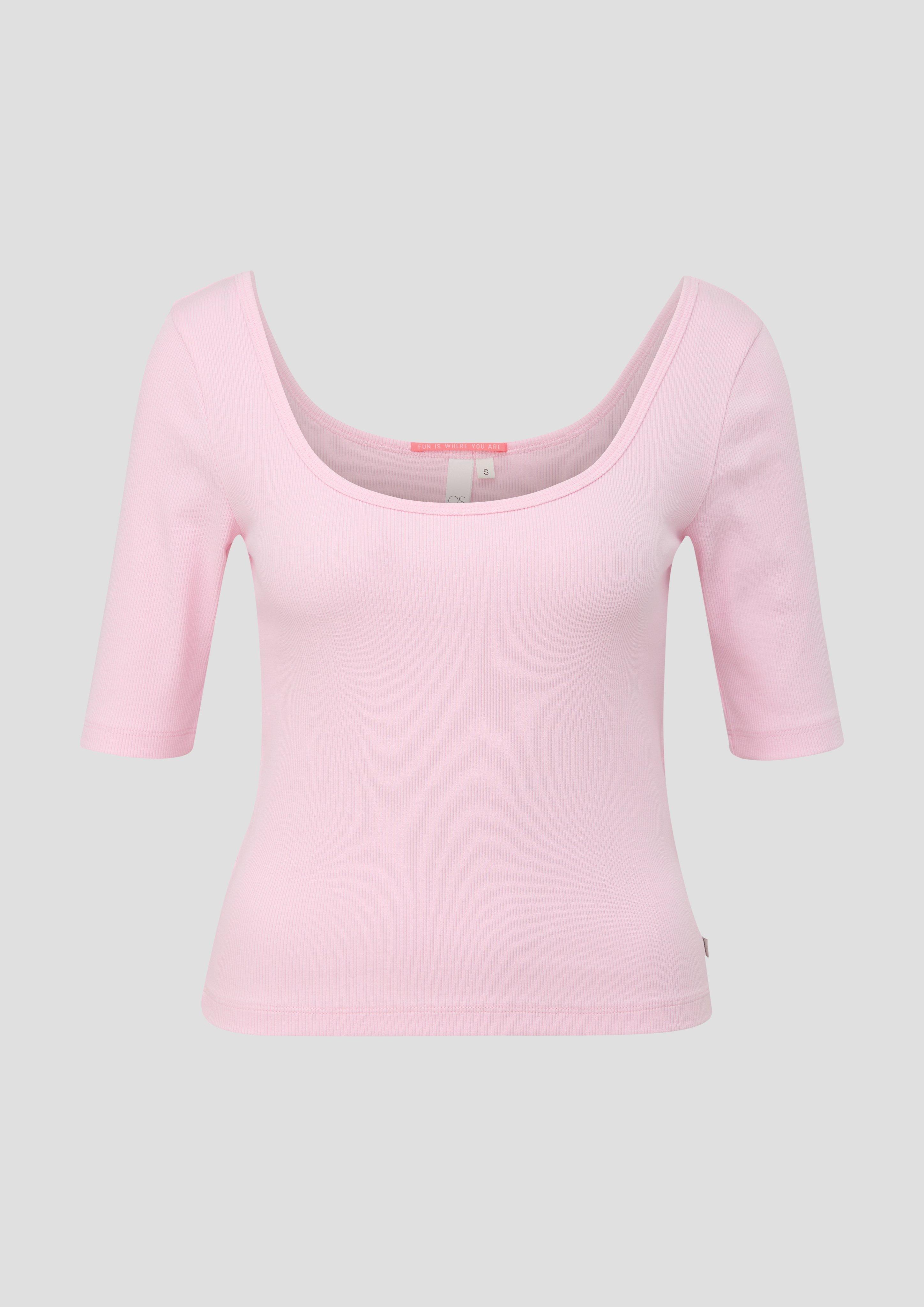 QS - Rippshirt mit tiefem Rundhalsausschnitt, Damen, Rosa