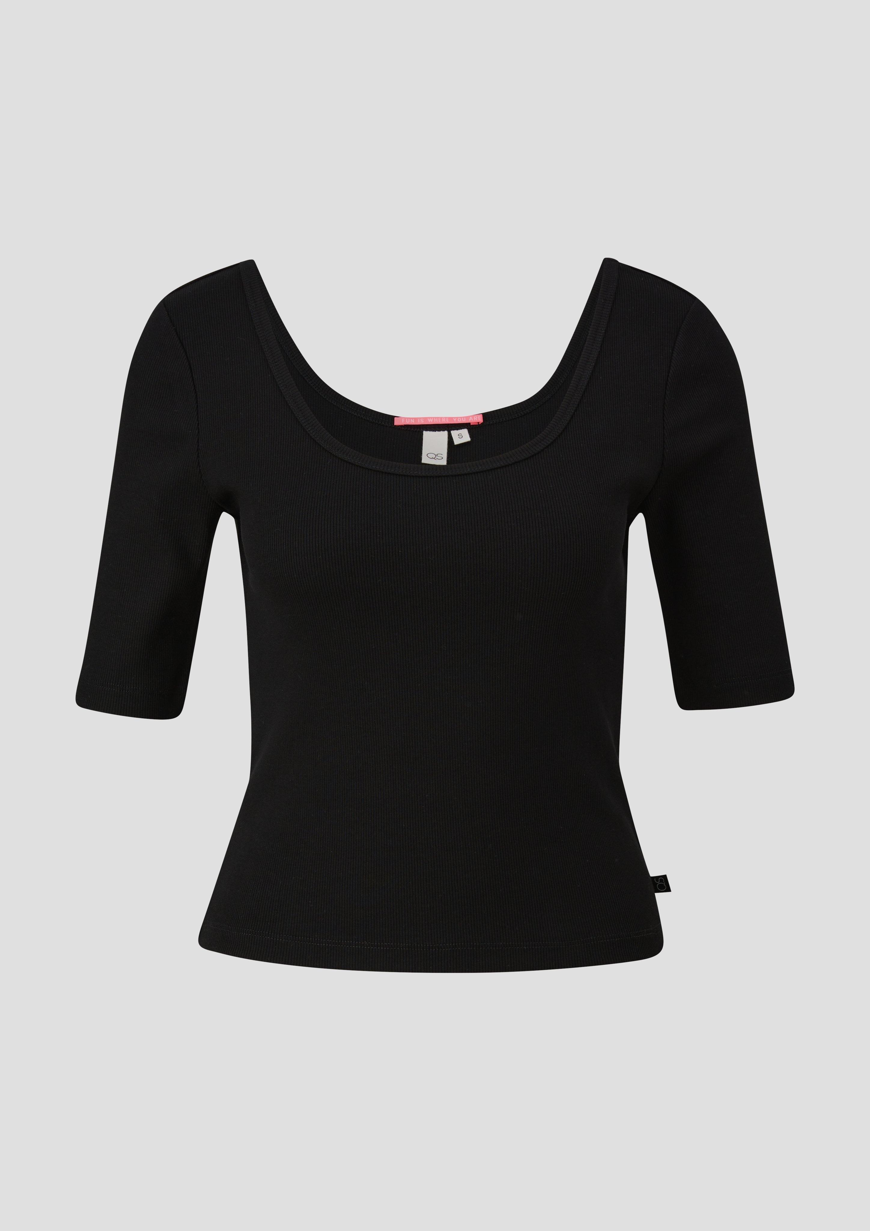 QS - Rippshirt mit tiefem Rundhalsausschnitt, Damen, schwarz