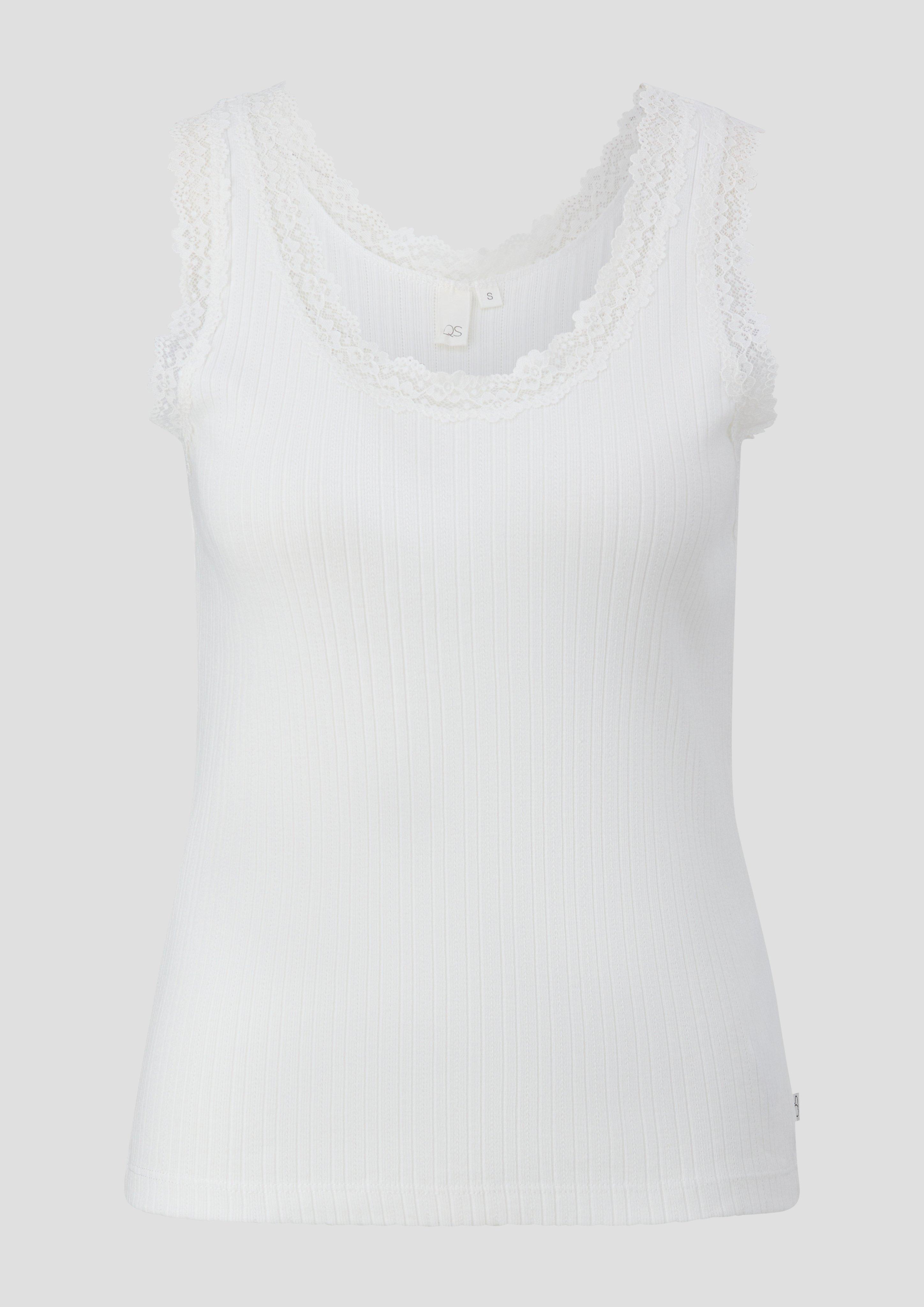 QS - Geripptes Top mit Spitzen-Details, Damen, creme