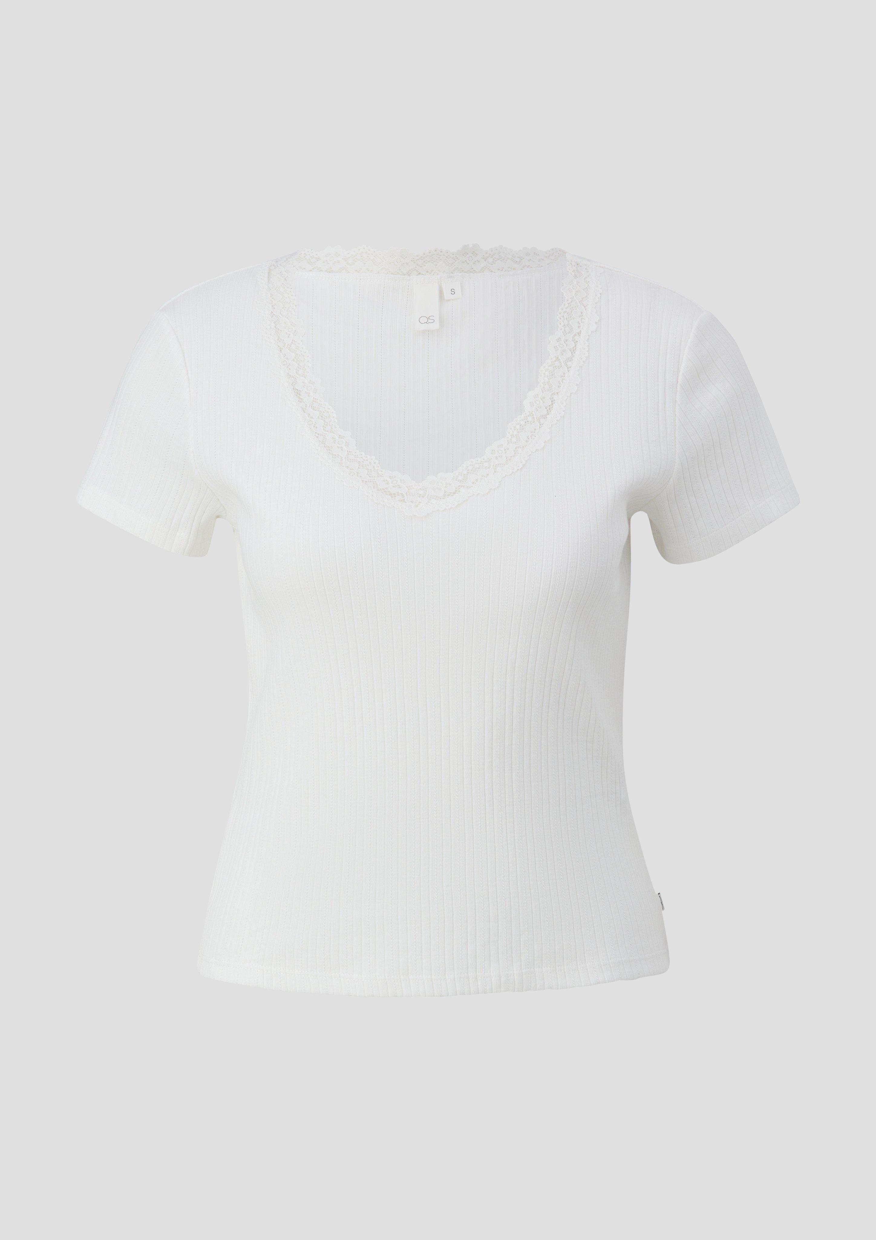 QS - Geripptes T-Shirt mit Spitzen-Details, Damen, creme