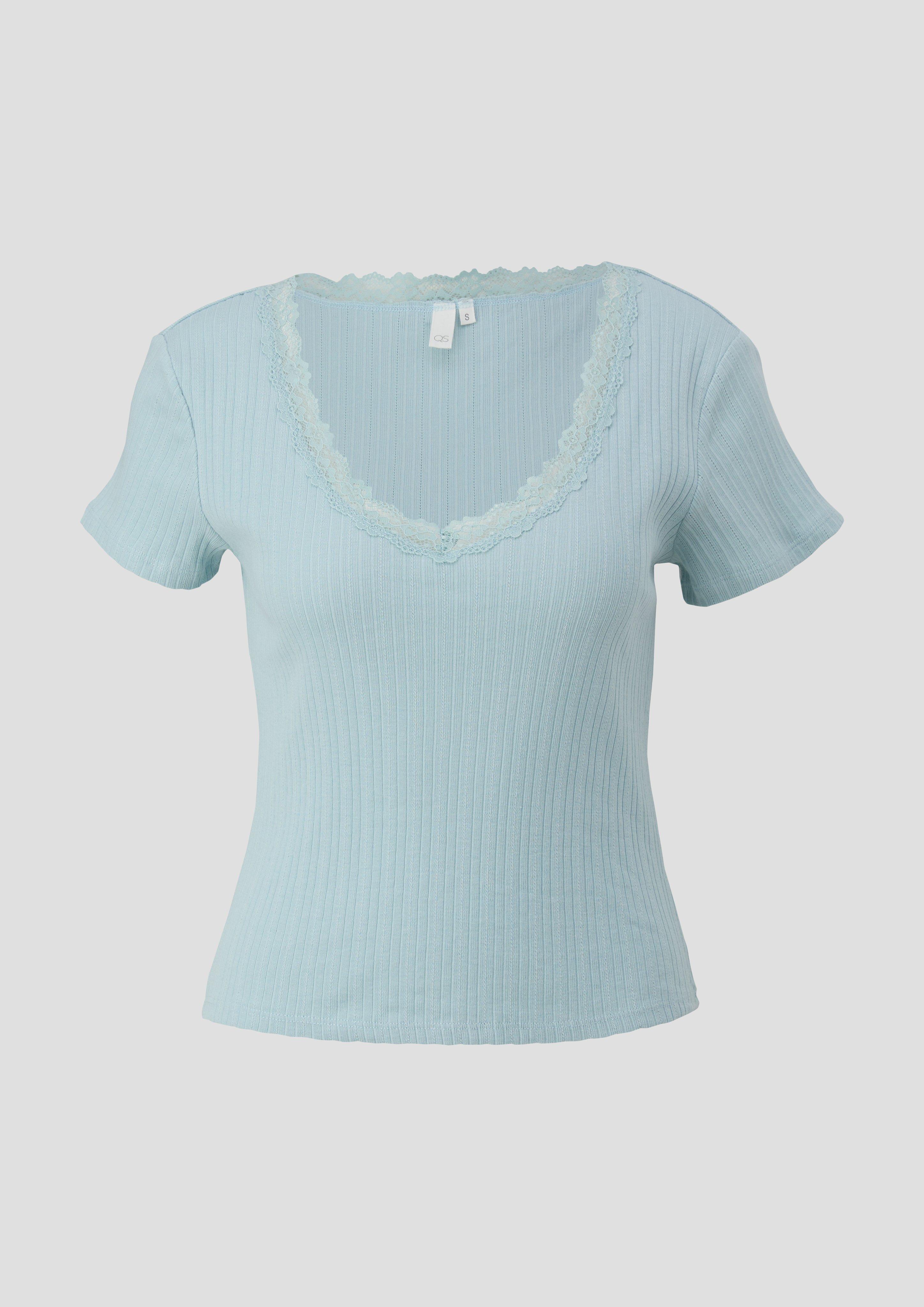 QS - Geripptes T-Shirt mit Spitzen-Details, Damen, türkis