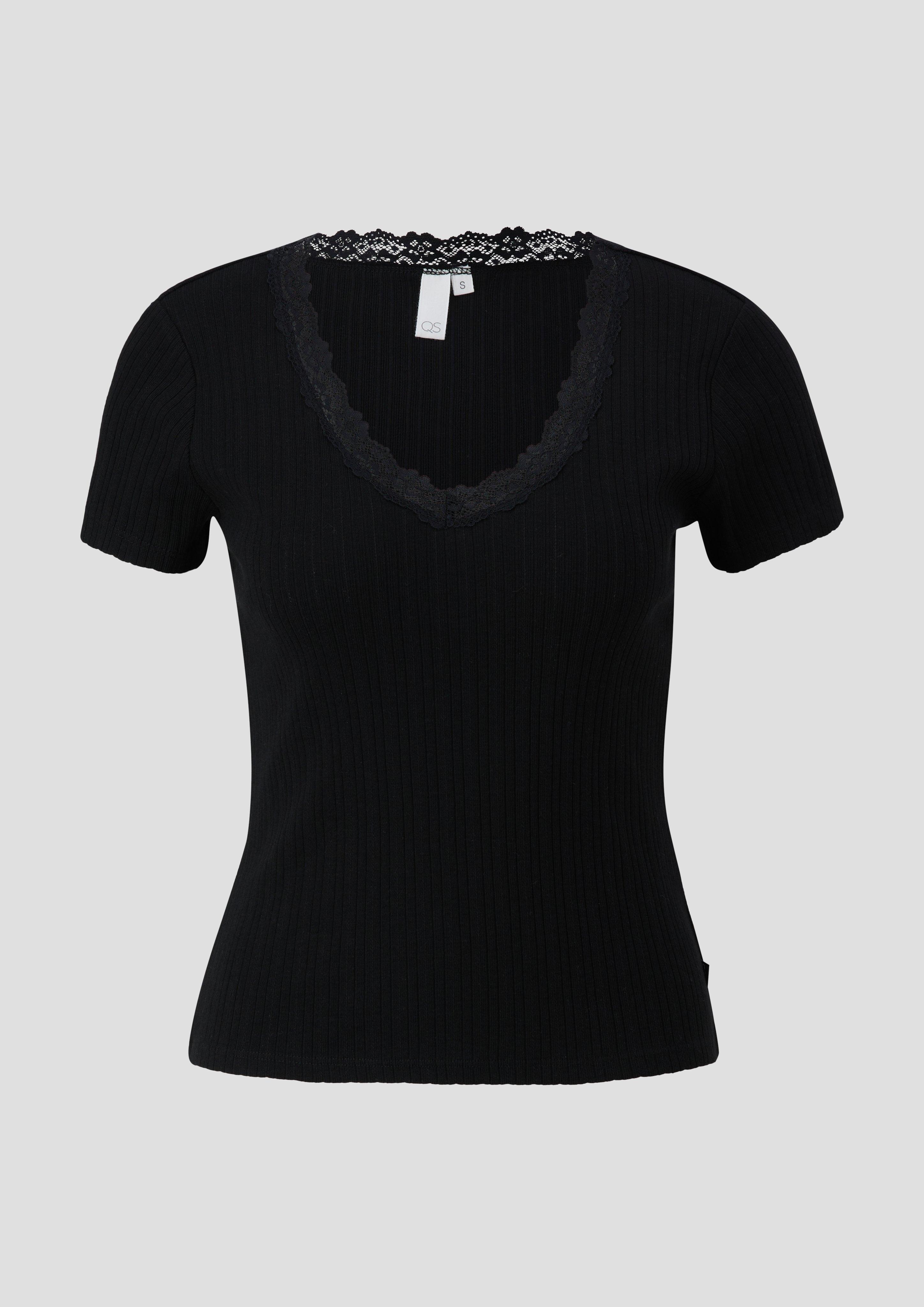 QS - Geripptes T-Shirt mit Spitzen-Details, Damen, schwarz