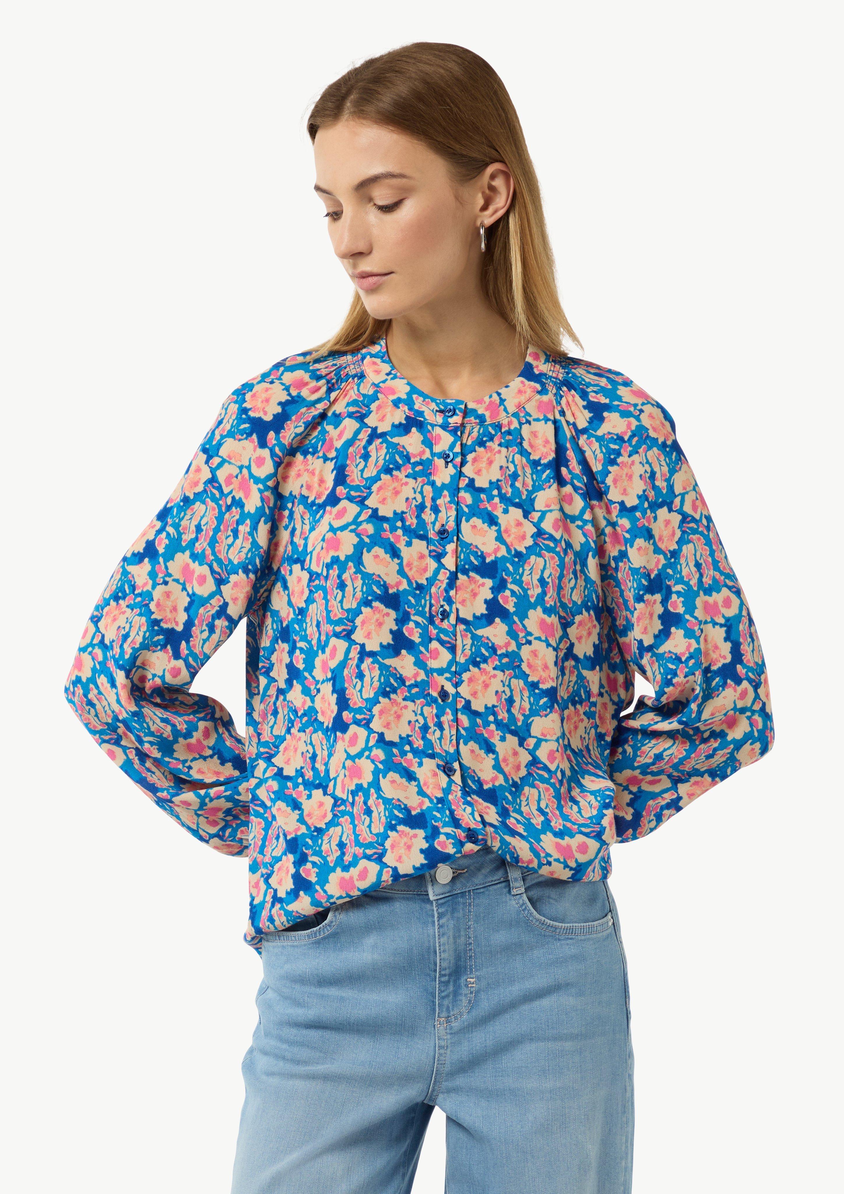 Long sleeve blouse with an all-over print - Turquoise | SCAYLE