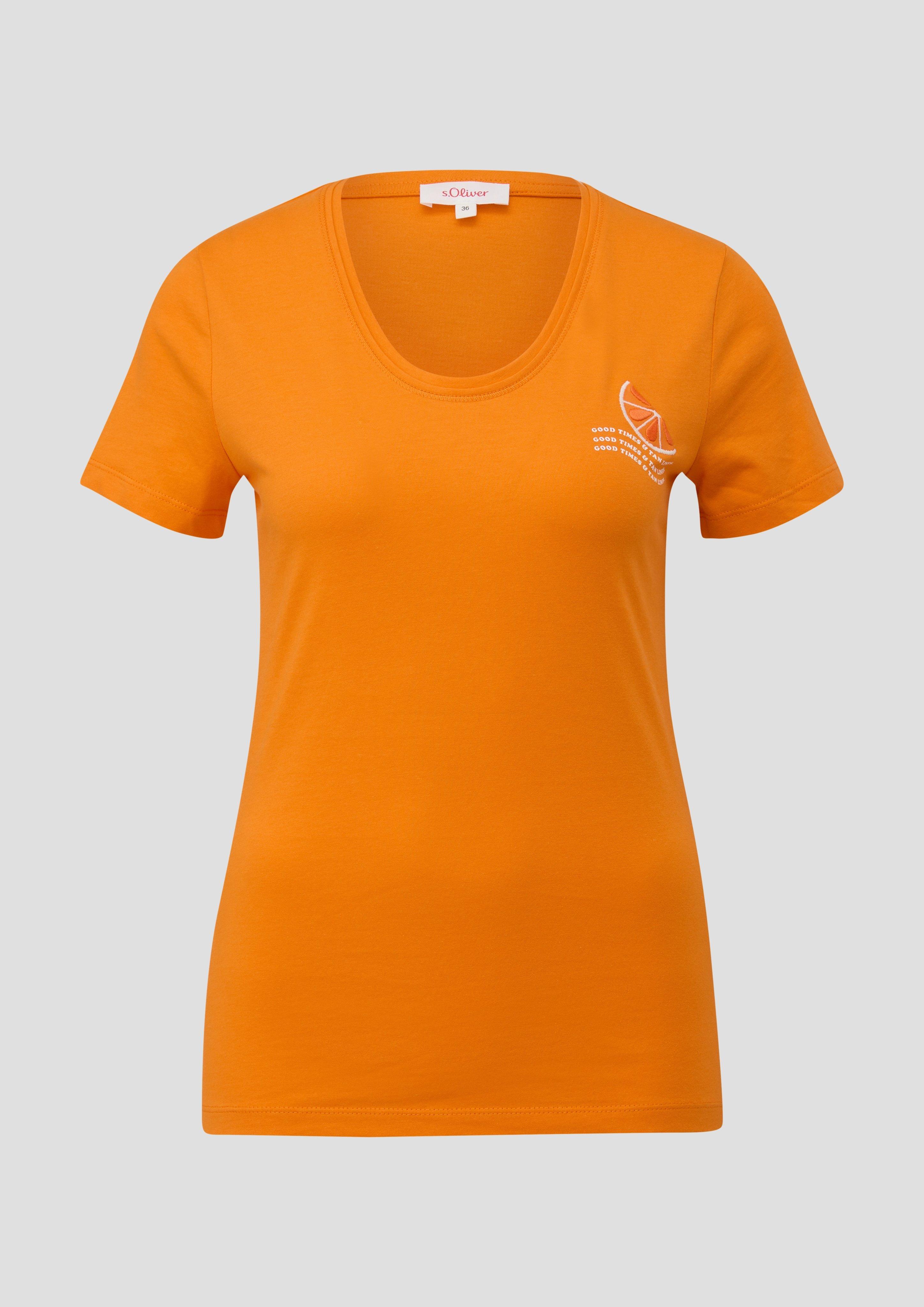 s.Oliver - T-Shirt im Slim Fit mit Print-Detail, Damen, Orange