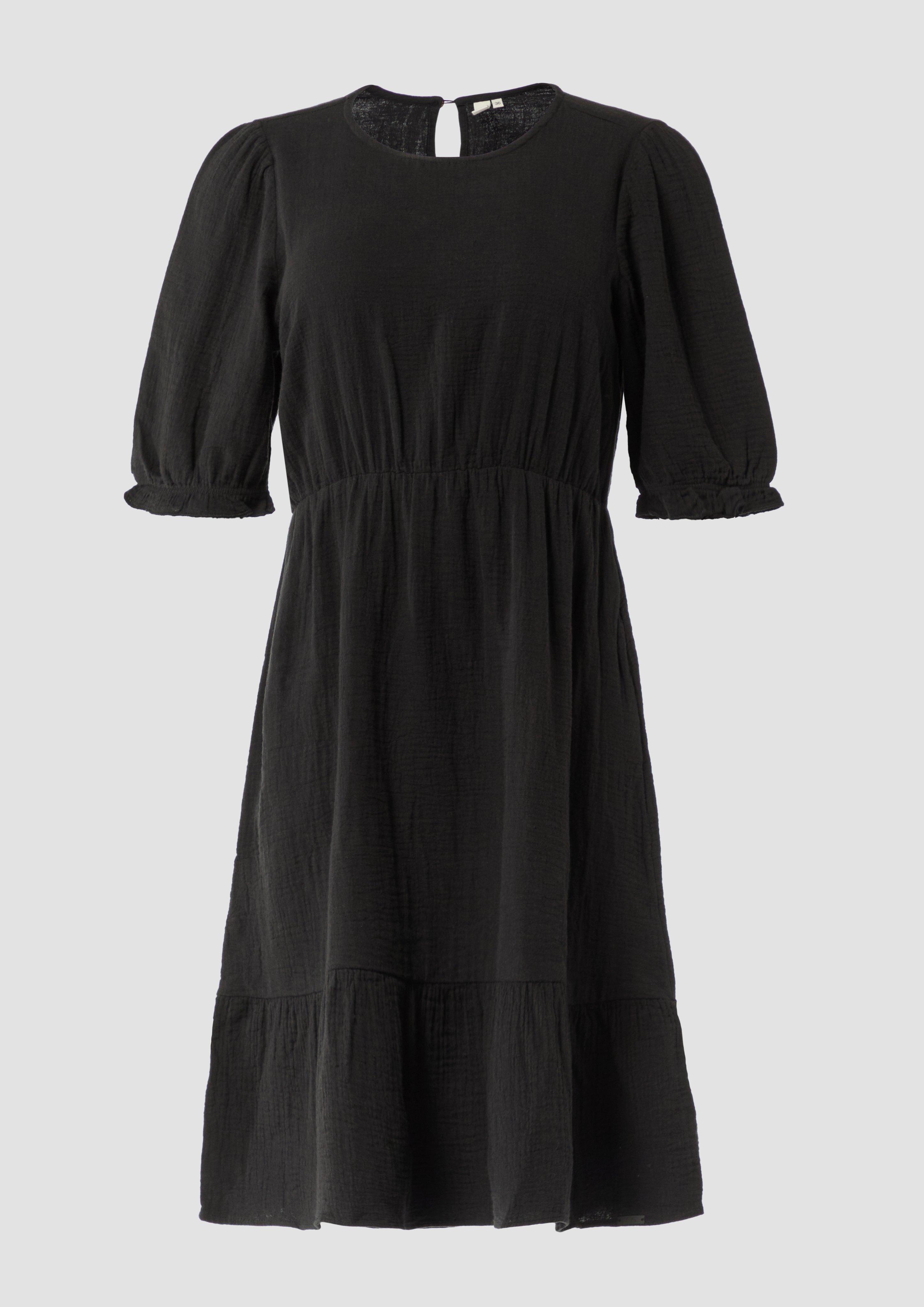 QS - Kurzes Baumwoll-Kleid mit Raffungen und elastischen Bündchen, Damen, schwarz