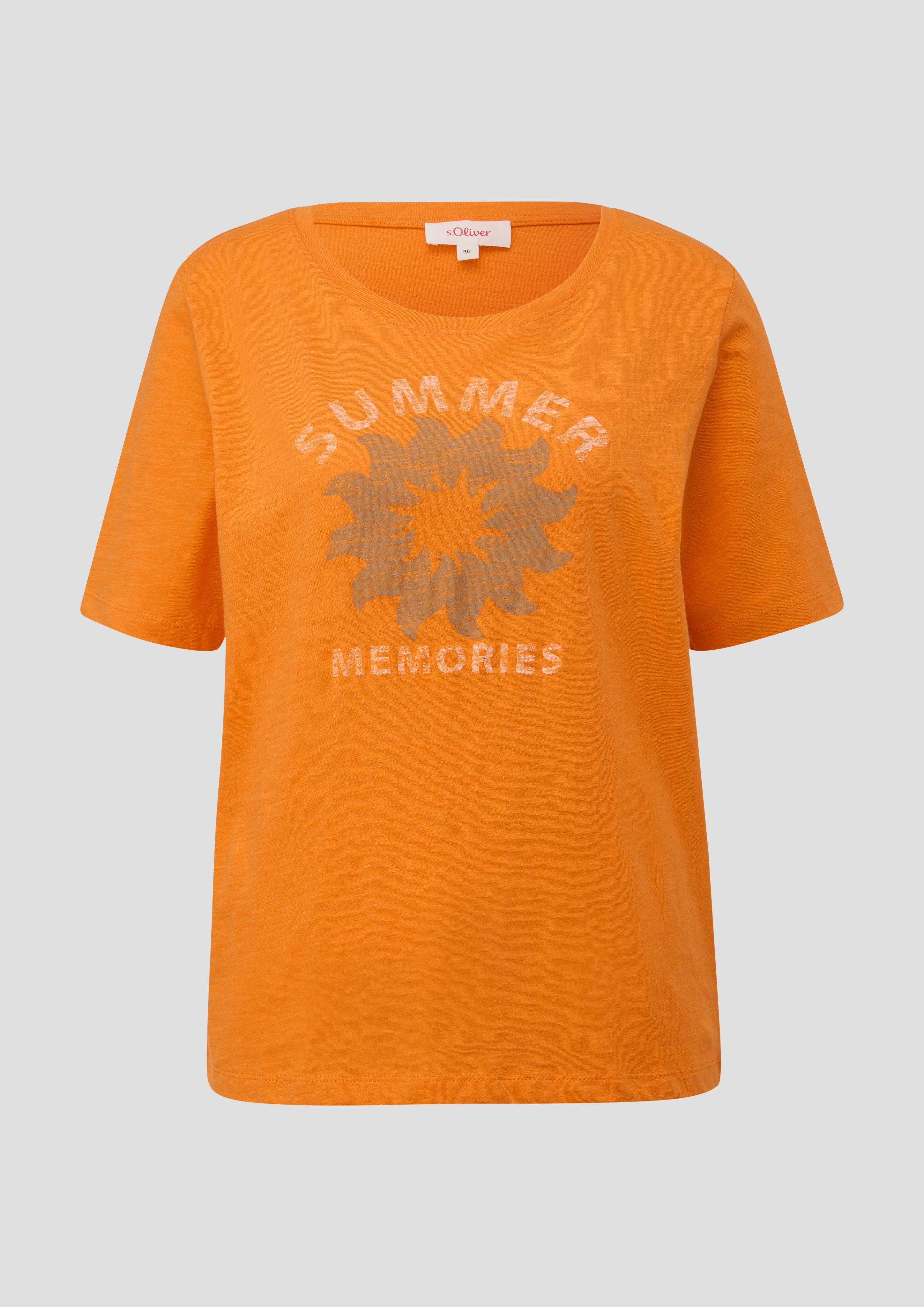 s.Oliver - T-Shirt mit Frontprint und Flammgarn-Struktur, Damen, Orange