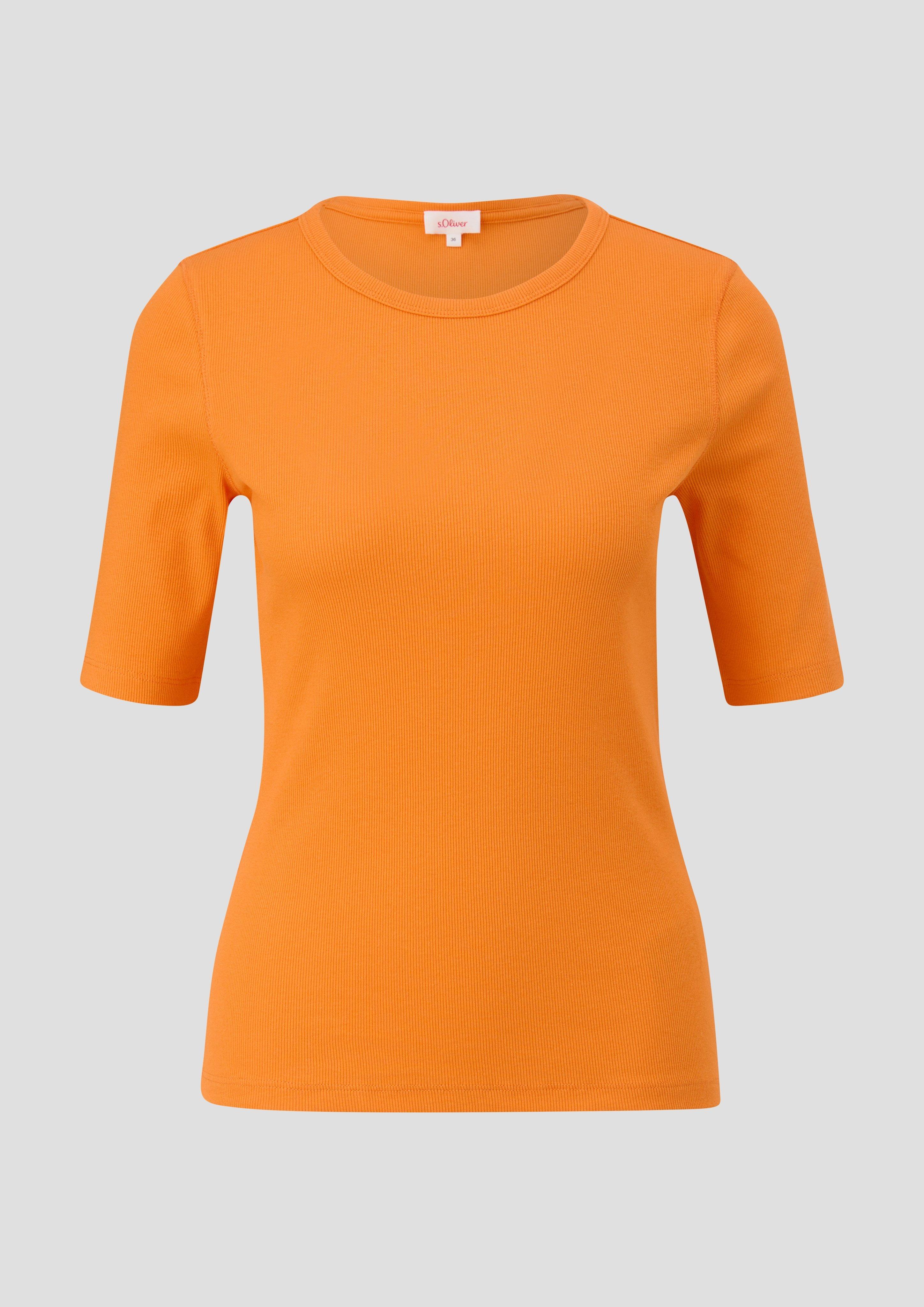 s.Oliver - Geripptes T-Shirt im Slim Fit, Damen, Orange