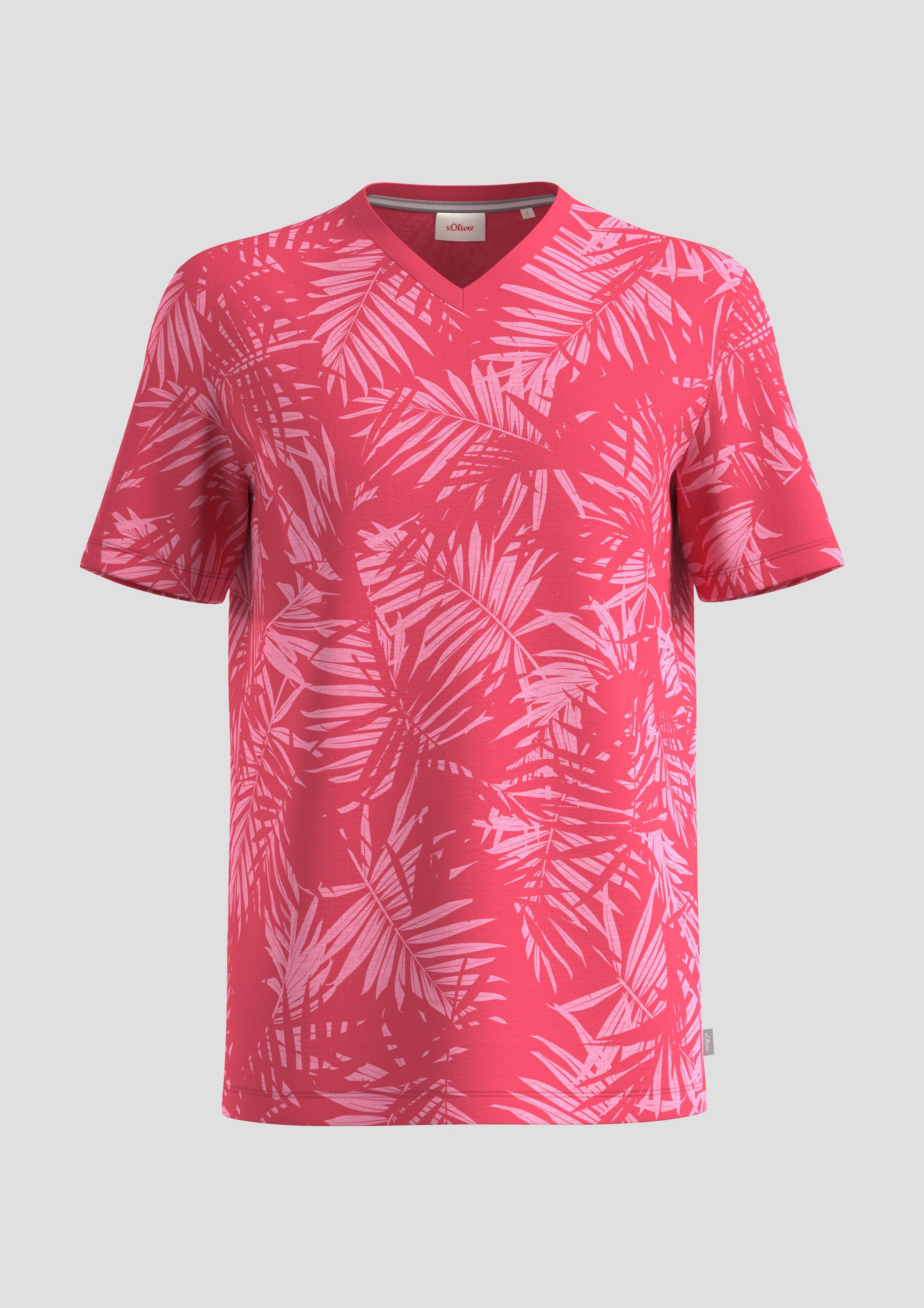 s.Oliver - Gemustertes T-Shirt mit Flammgarn-Struktur, Herren, Rosa