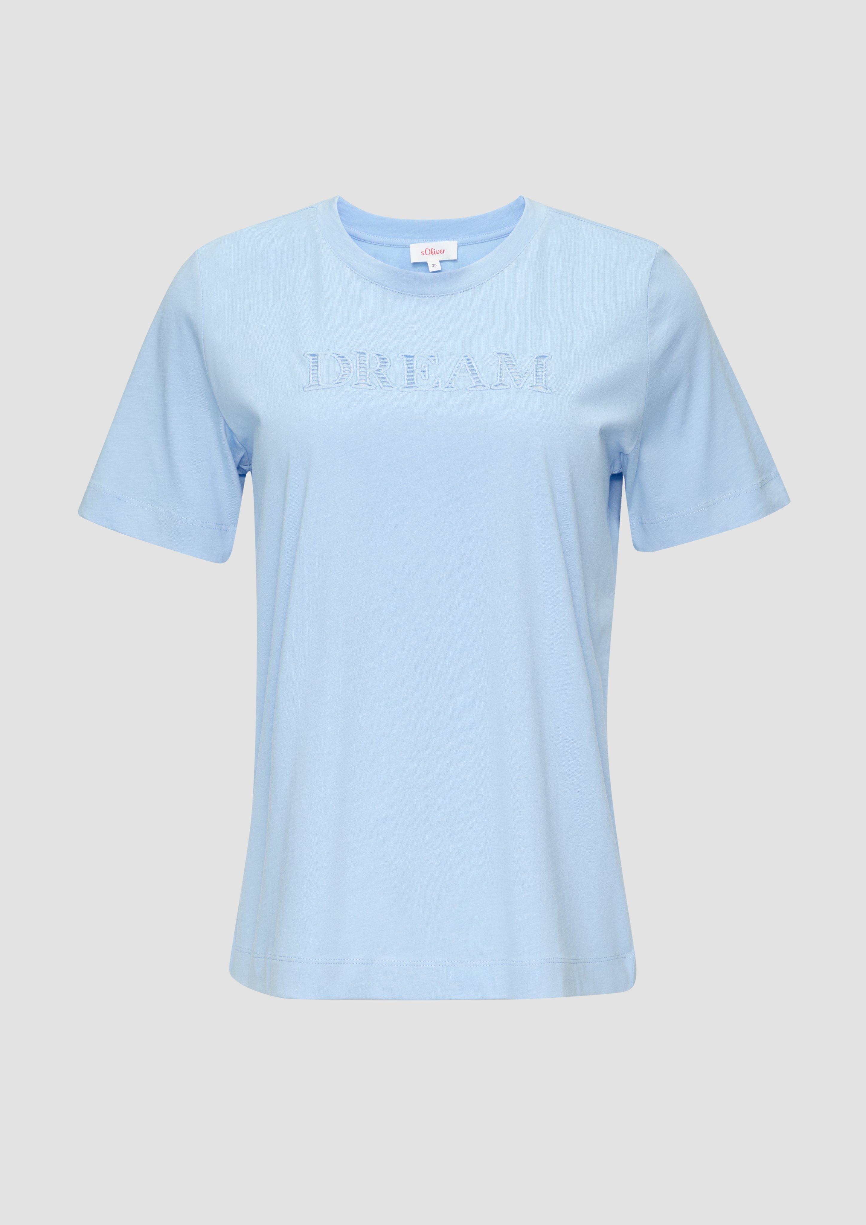 s.Oliver - Relaxed Fit-Shirt mit Schriftprint aus Lochstickerei, Damen, blau