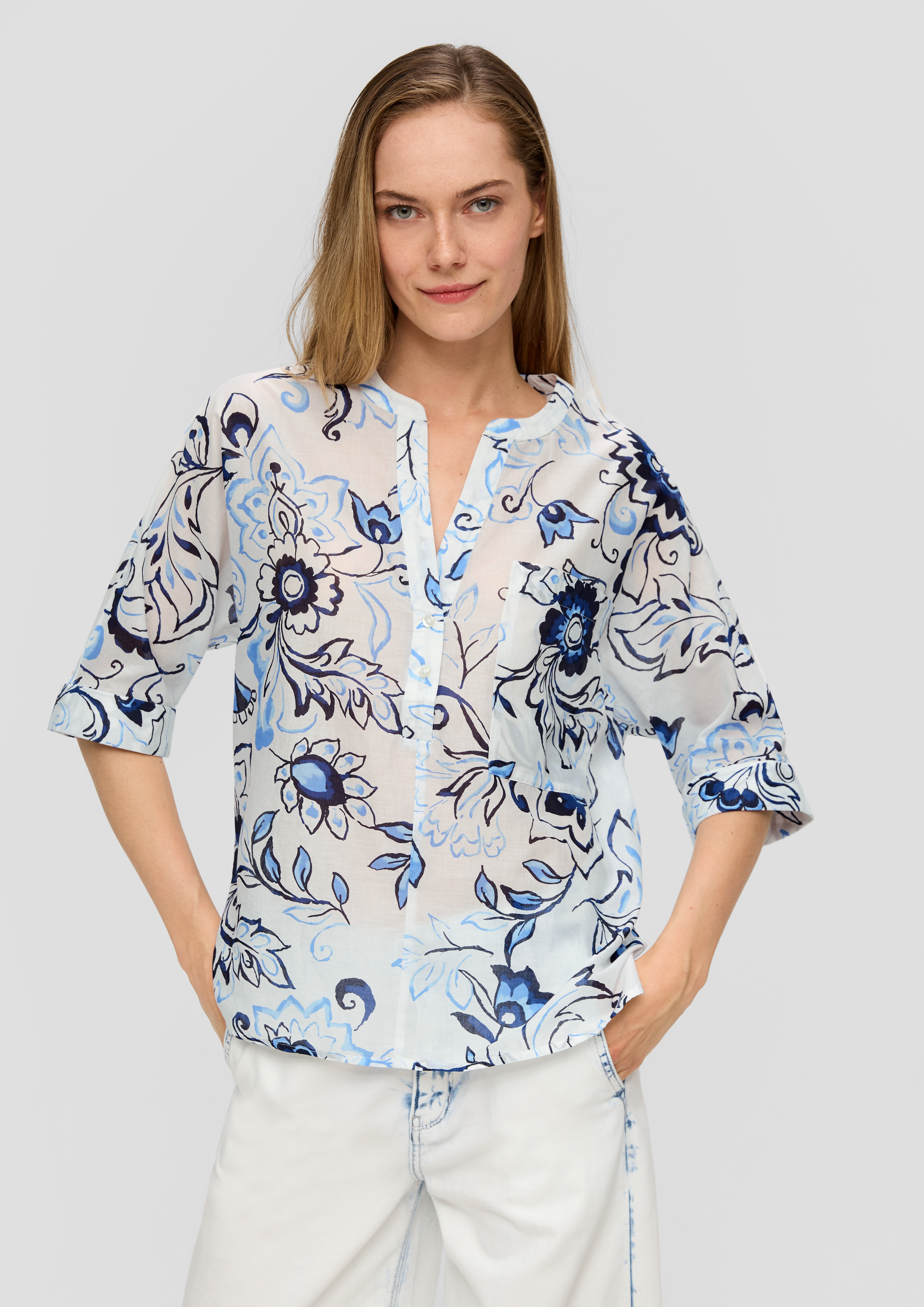 S.Oliver Baumwollbluse mit Fledermausärmeln und floralem All-over-Print