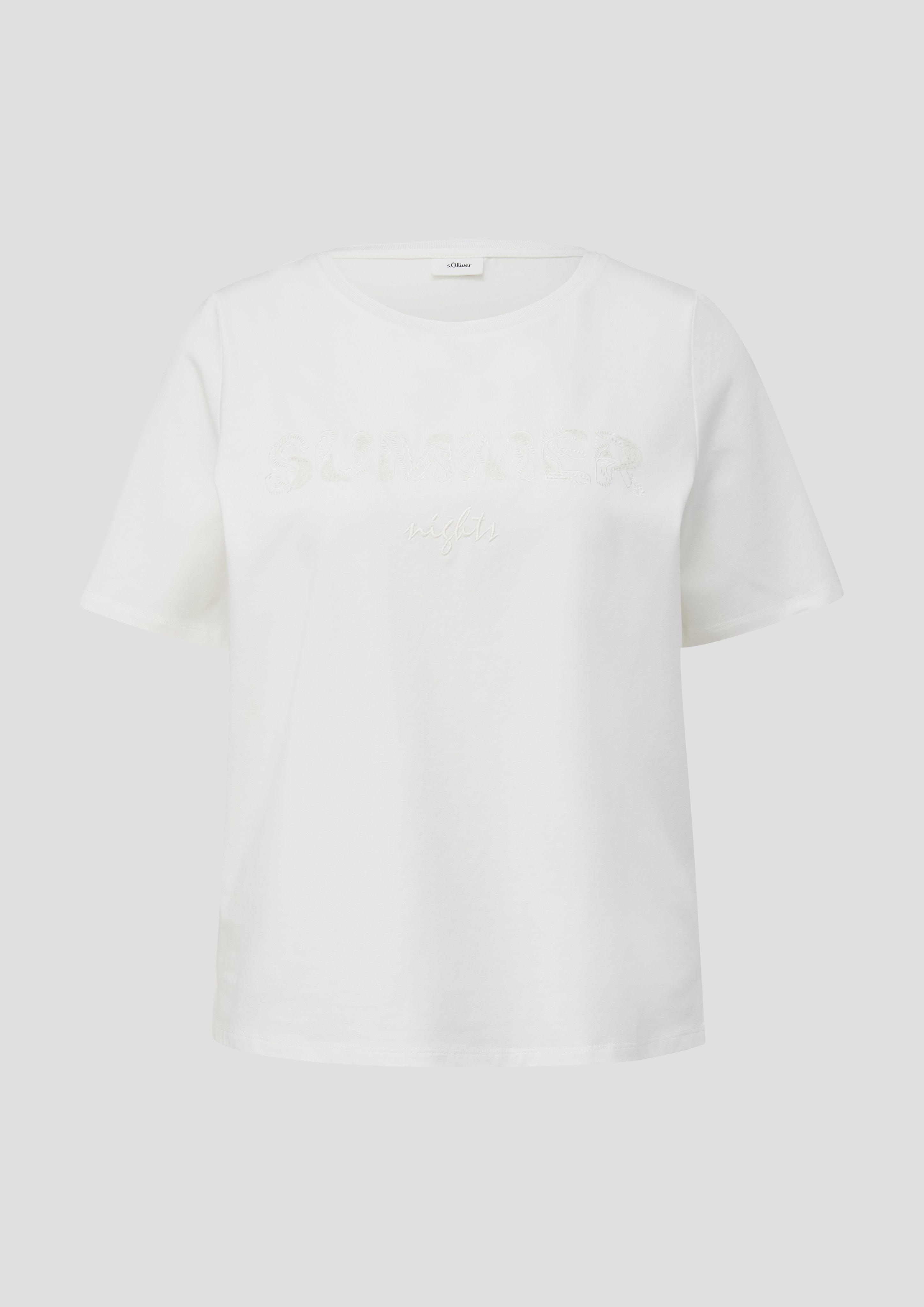 s.Oliver - T-Shirt aus Baumwollstretch mit Paillettenstickerei, Damen, creme