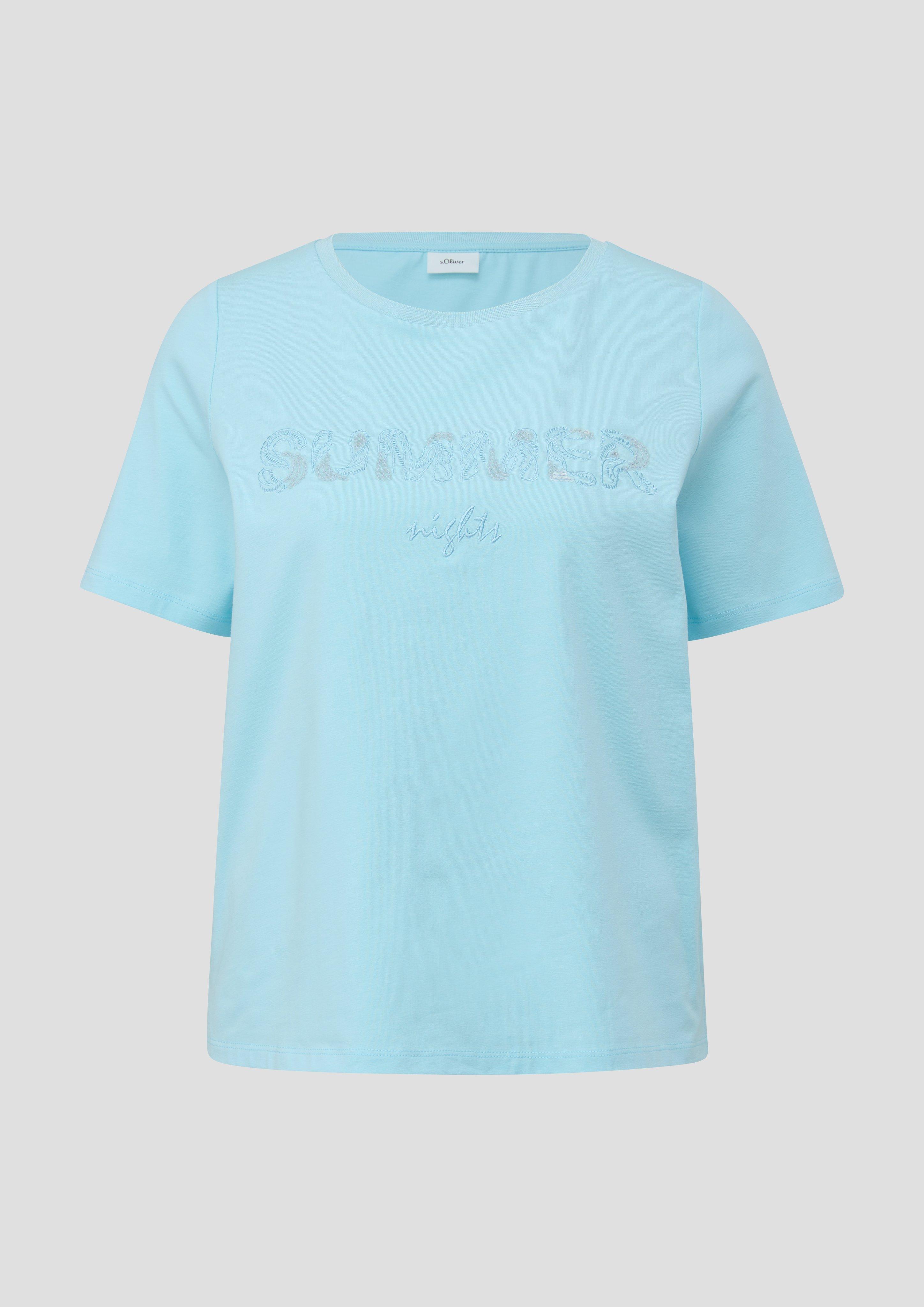 s.Oliver - T-Shirt aus Baumwollstretch mit Paillettenstickerei, Damen, blau