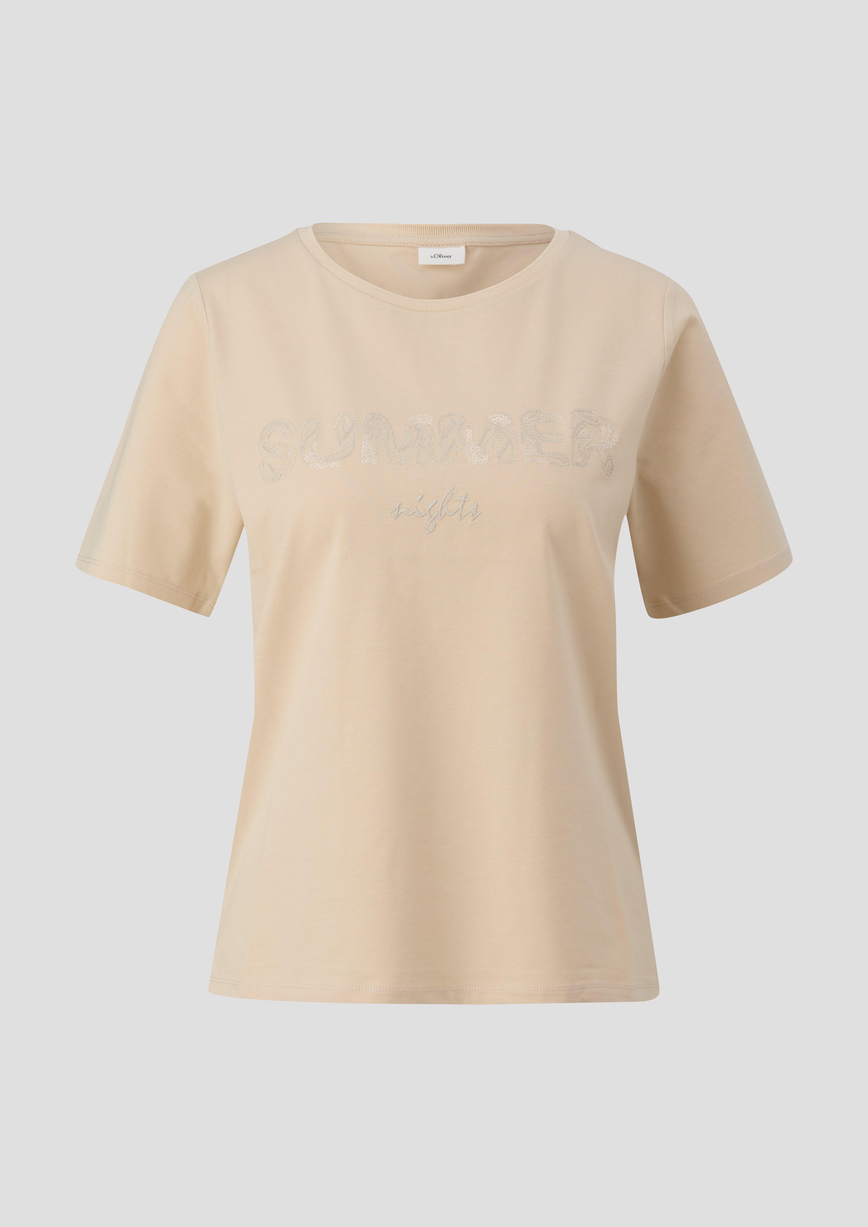 s.Oliver - T-Shirt aus Baumwollstretch mit Paillettenstickerei, Damen, Beige