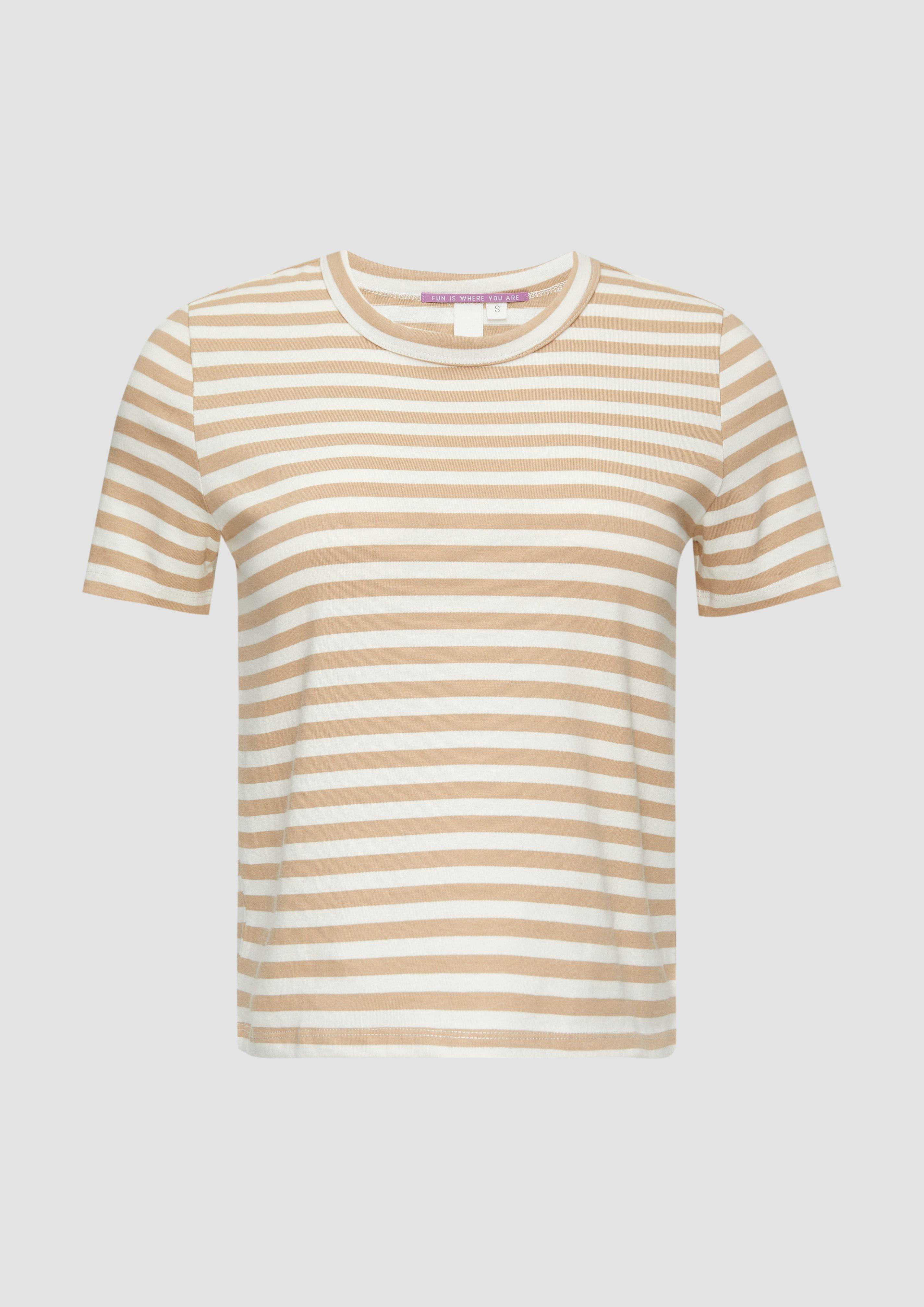 QS - Baumwoll-T-Shirt mit Streifenmuster, Damen, Beige