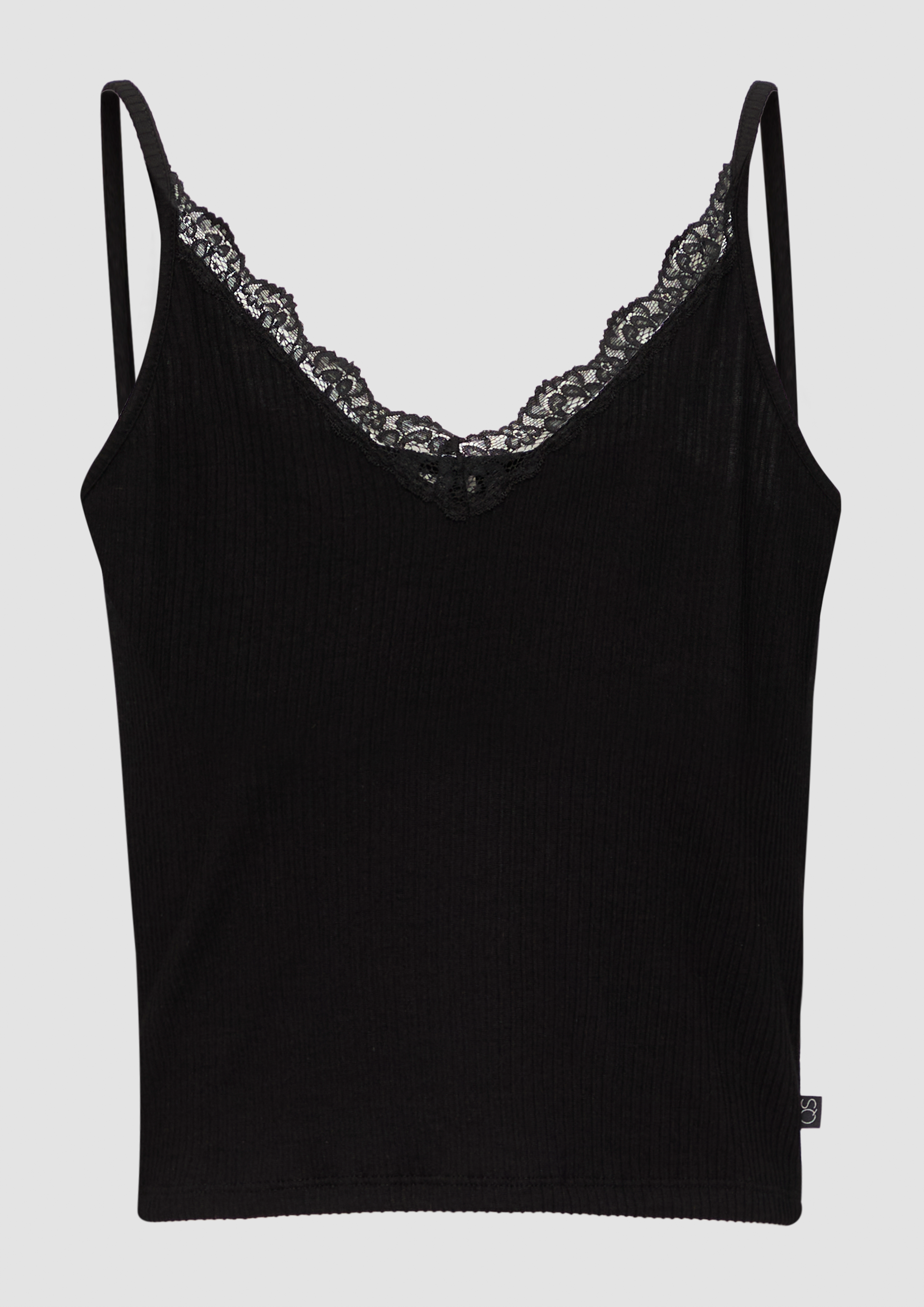 QS - Verkürztes Slim-Fit-Top mit Spitzen-Detail und Rippstruktur, Damen, schwarz