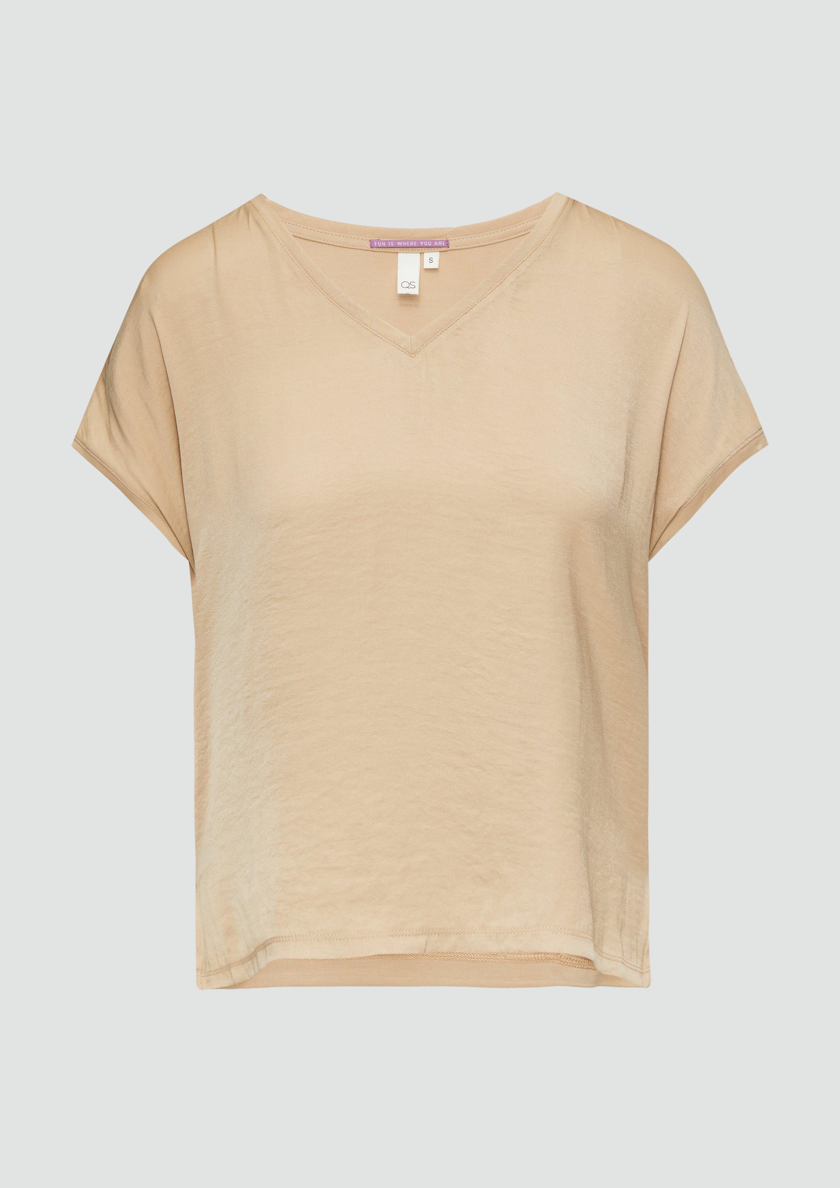 QS - Fabricmix-Shirt im Loose Fit mit V-Ausschnitt, Damen, Beige