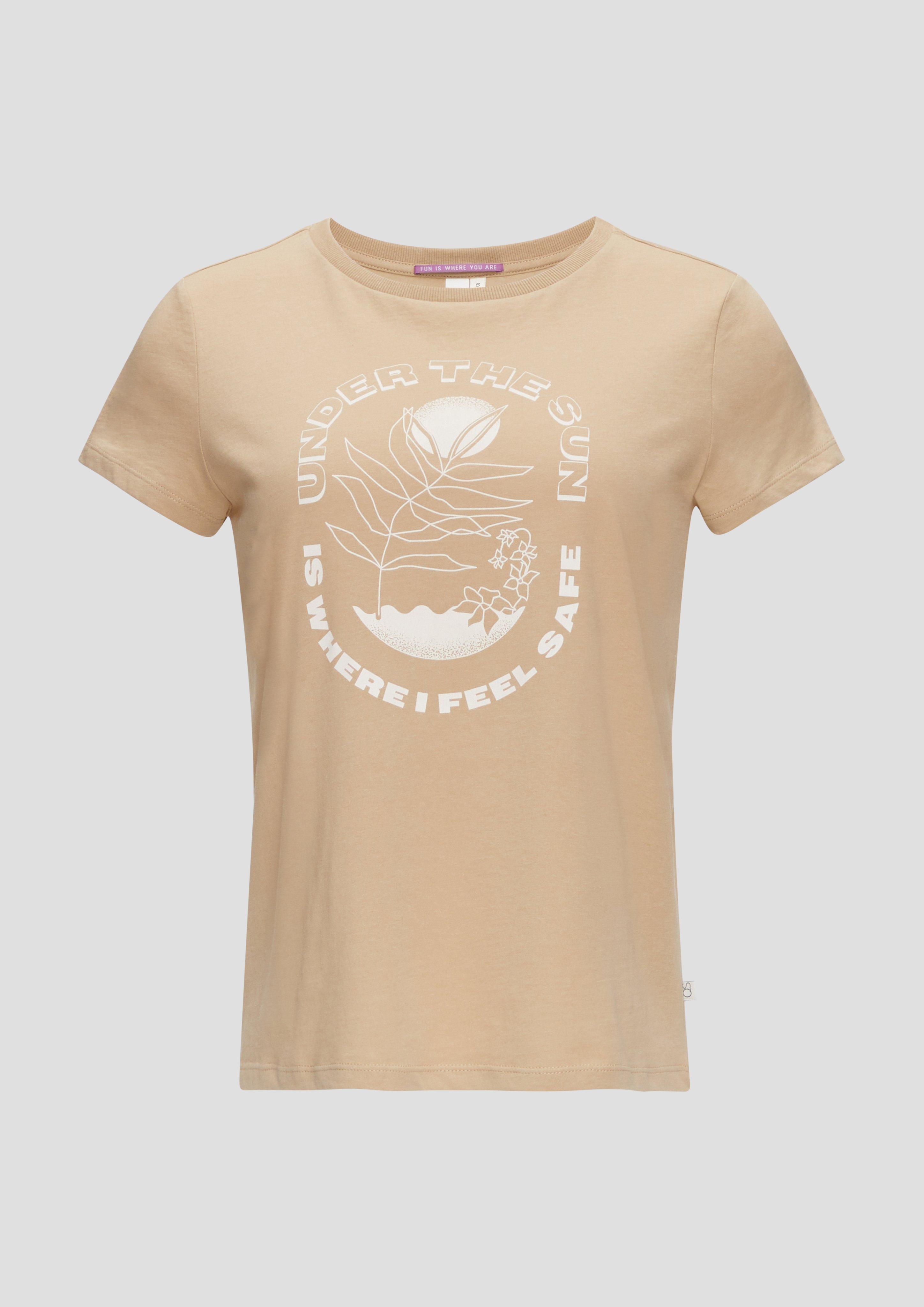 QS - Baumwoll-T-Shirt mit Frontprint und Rippblende, Damen, Beige