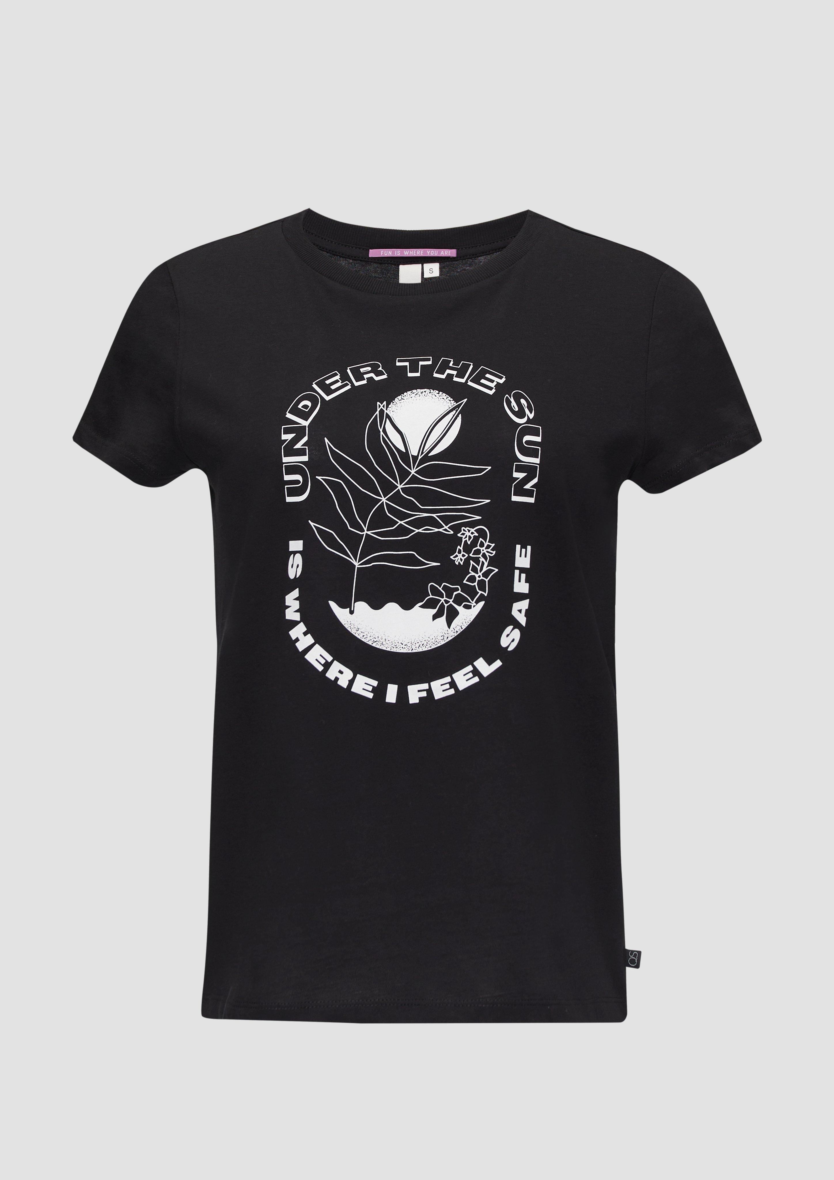 QS - Baumwoll-T-Shirt mit Frontprint und Rippblende, Damen, schwarz