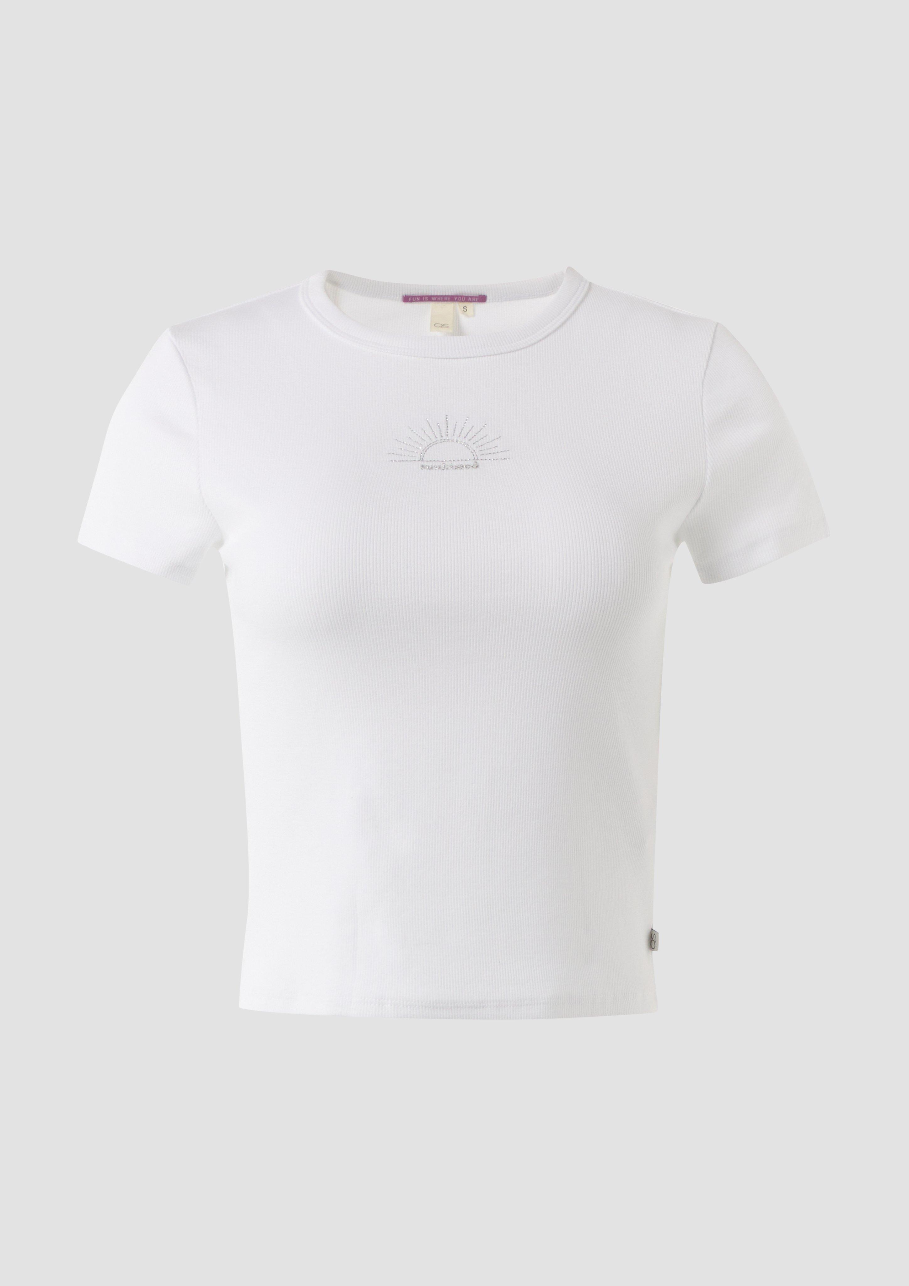 QS - Geripptes T-Shirt im Slim Fit mit Stickerei, Damen, weiß