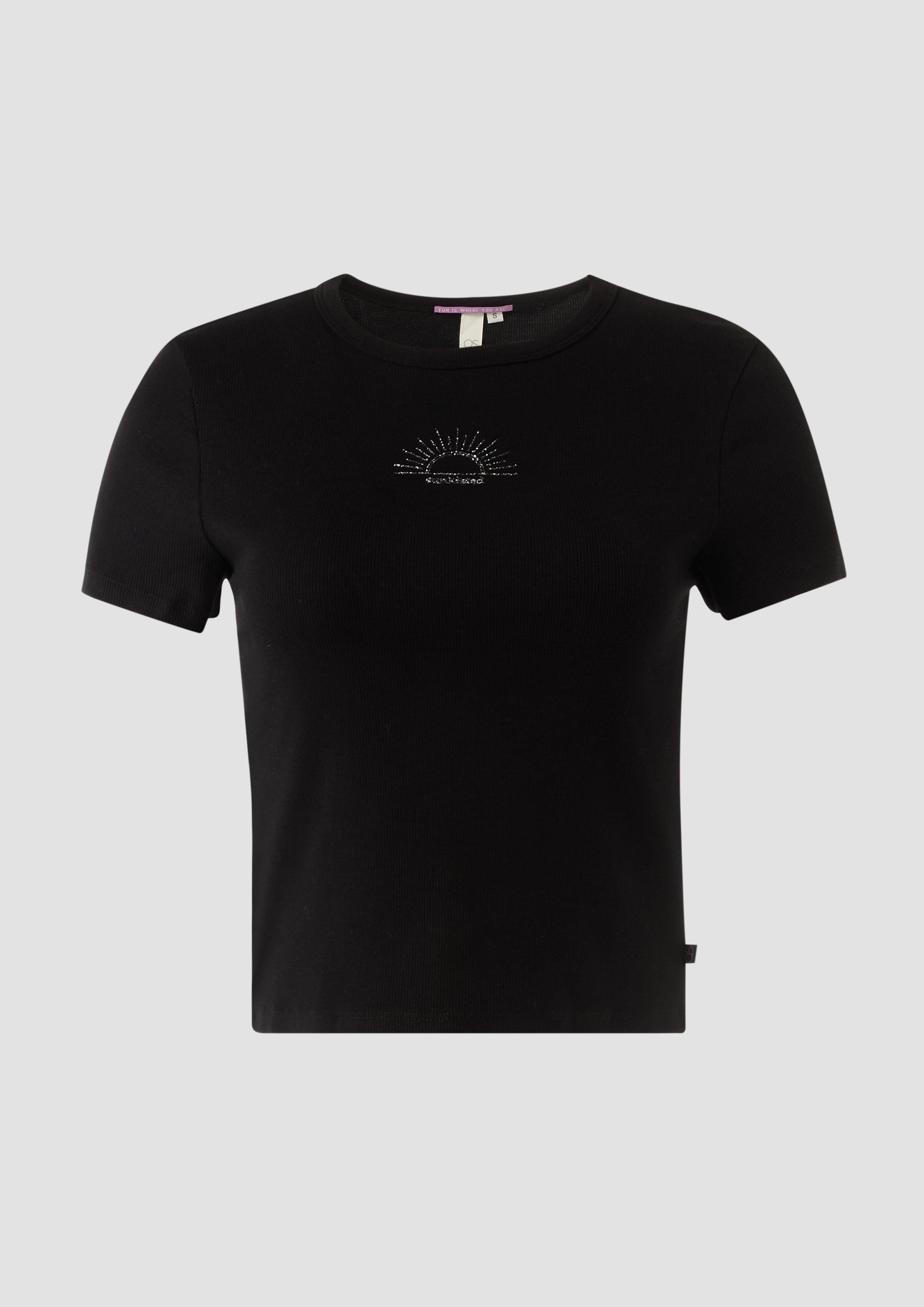 QS - Geripptes T-Shirt im Slim Fit mit Stickerei, Damen, schwarz