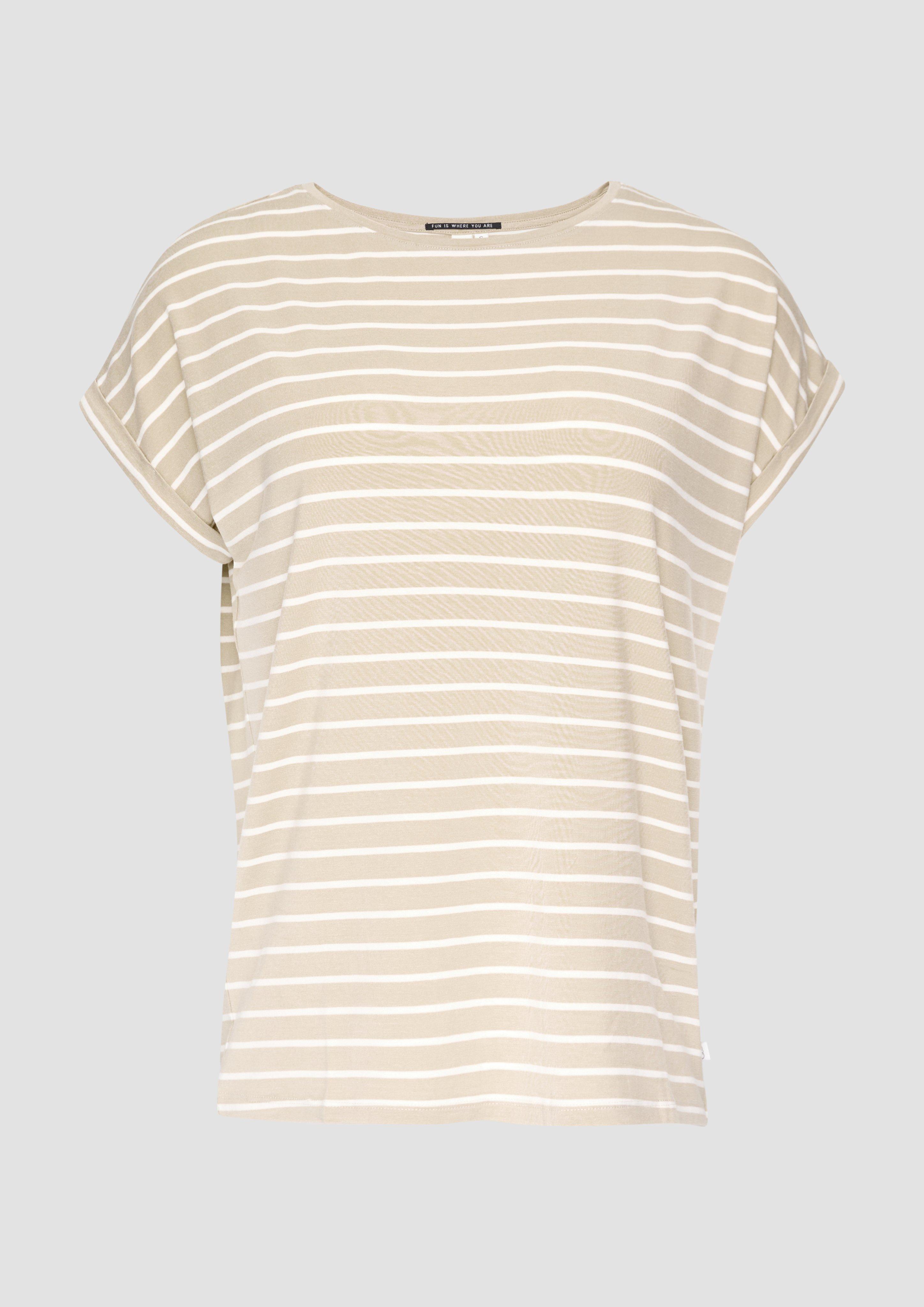 QS - T-Shirt aus Lyocellmix mit Ringelmuster, Damen, Beige