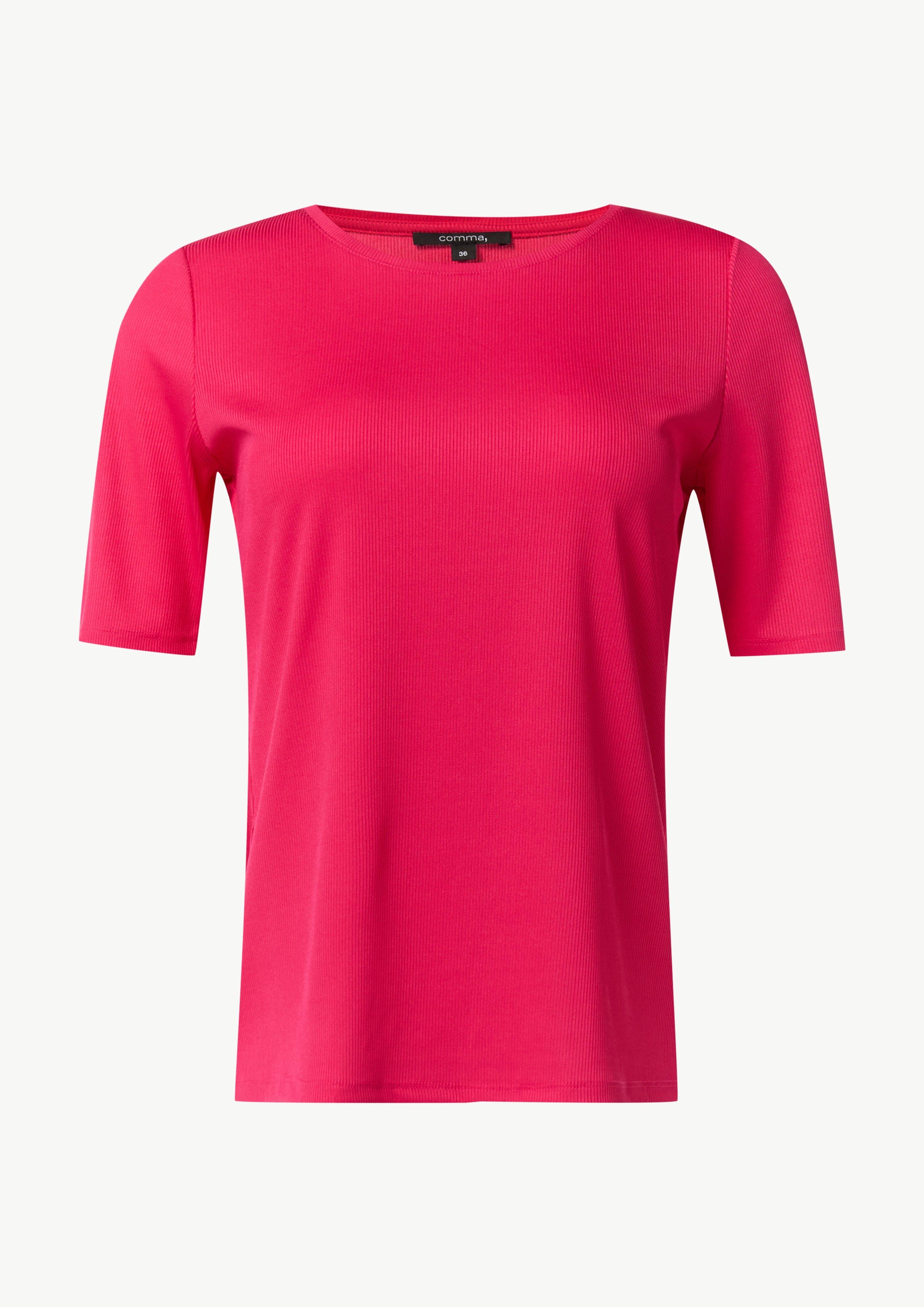 Geripptes T-Shirt mit Rundhalsausschnitt - pink | Comma 