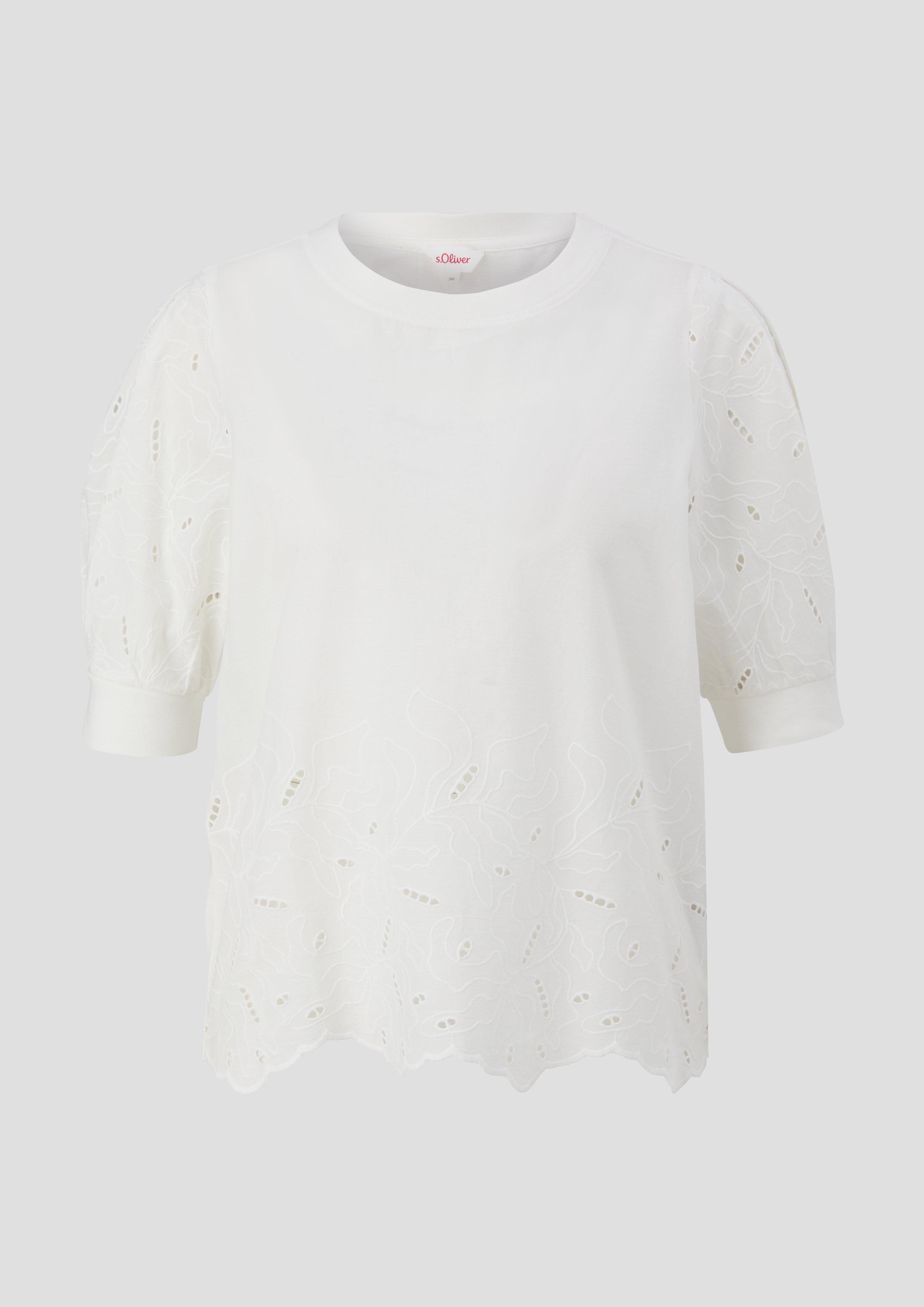 s.Oliver - Baumwollshirt mit Stickerei in semitransparenter Optik, Damen, creme