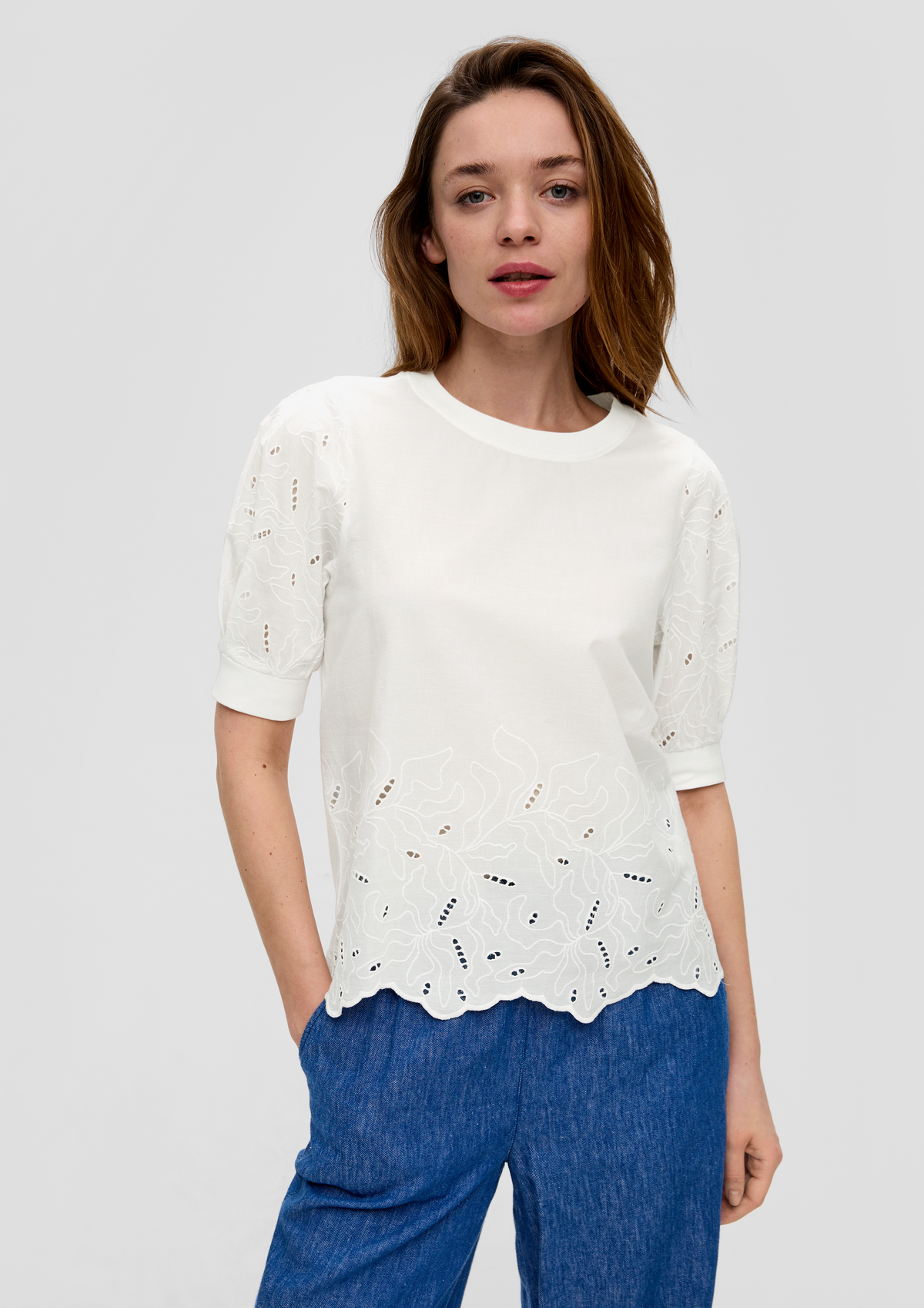 Cotton top with embroidery in a semi-sheer look - cream | s
