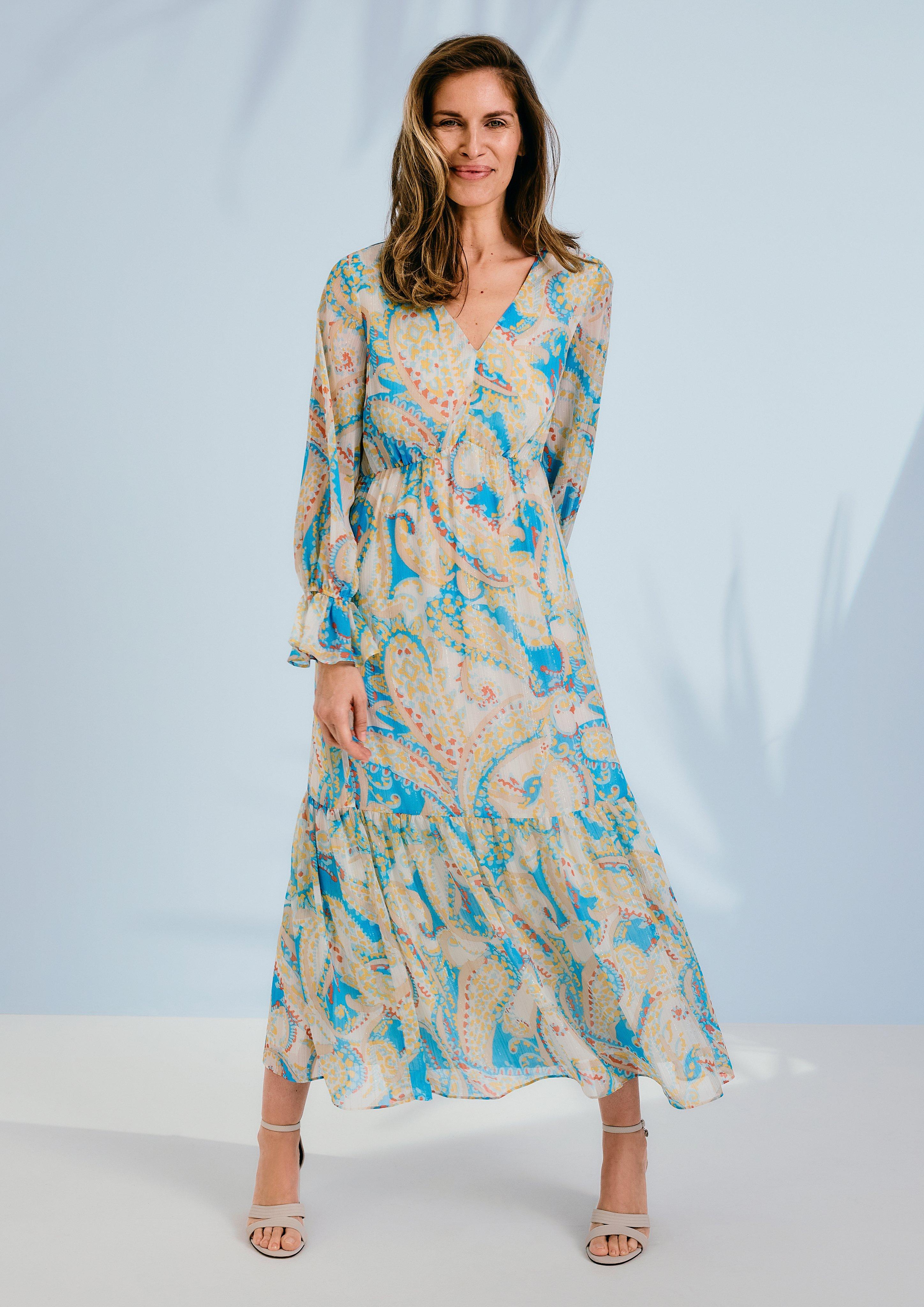 Zara Bedrucktes Patchwork V-Ausschnitt Kleid Bindeband Grün Ecru