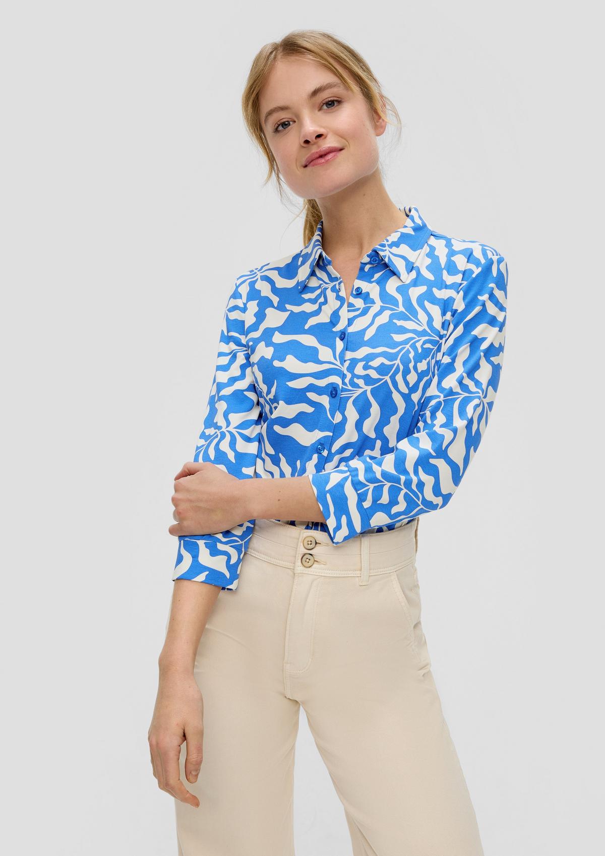 3/4-Sleeve Blouse with V Neckline and Notch Collar