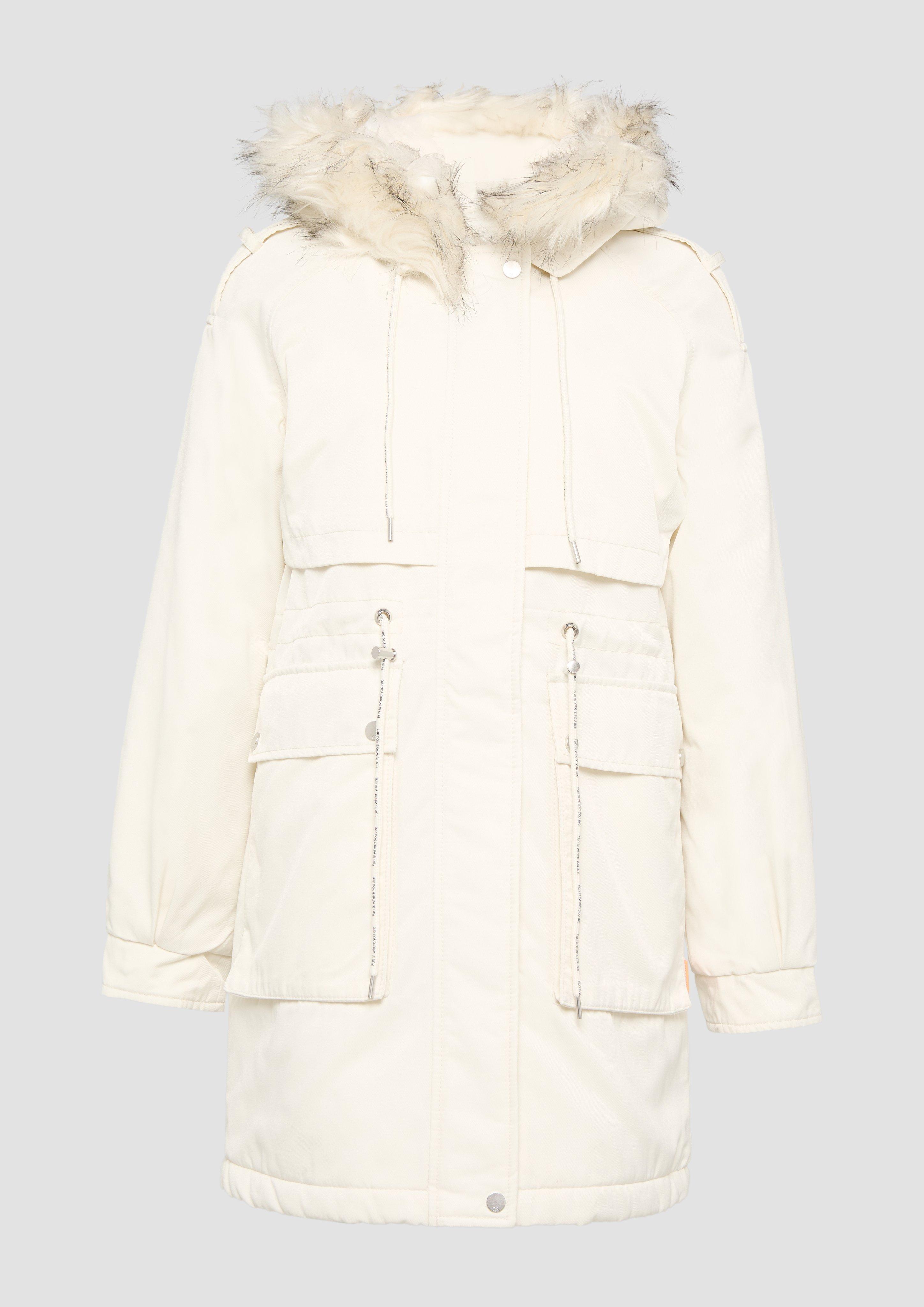 QS - Gefütterter Parka mit abnehmbarem Kunstfell, Damen, creme